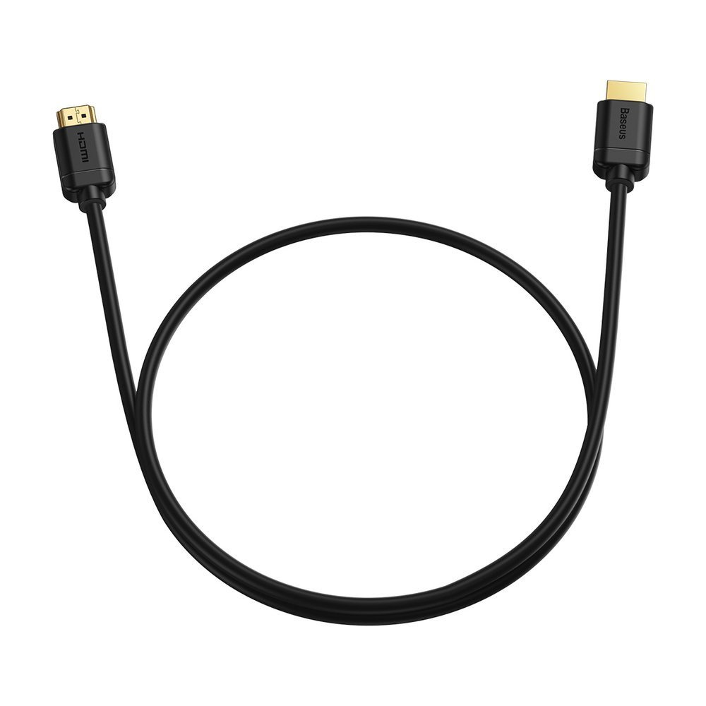 Czarny kabel HDMI z pozłacanymi złączami zwinięty na białym tle.