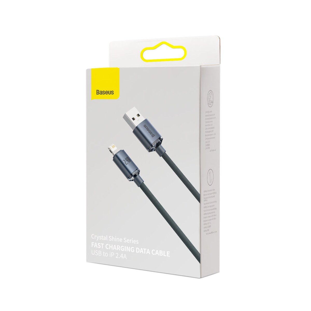 Białe pudełko prezentuje kabel do transmisji danych Baseus Crystal Shine Series USB do IP 2.4A.