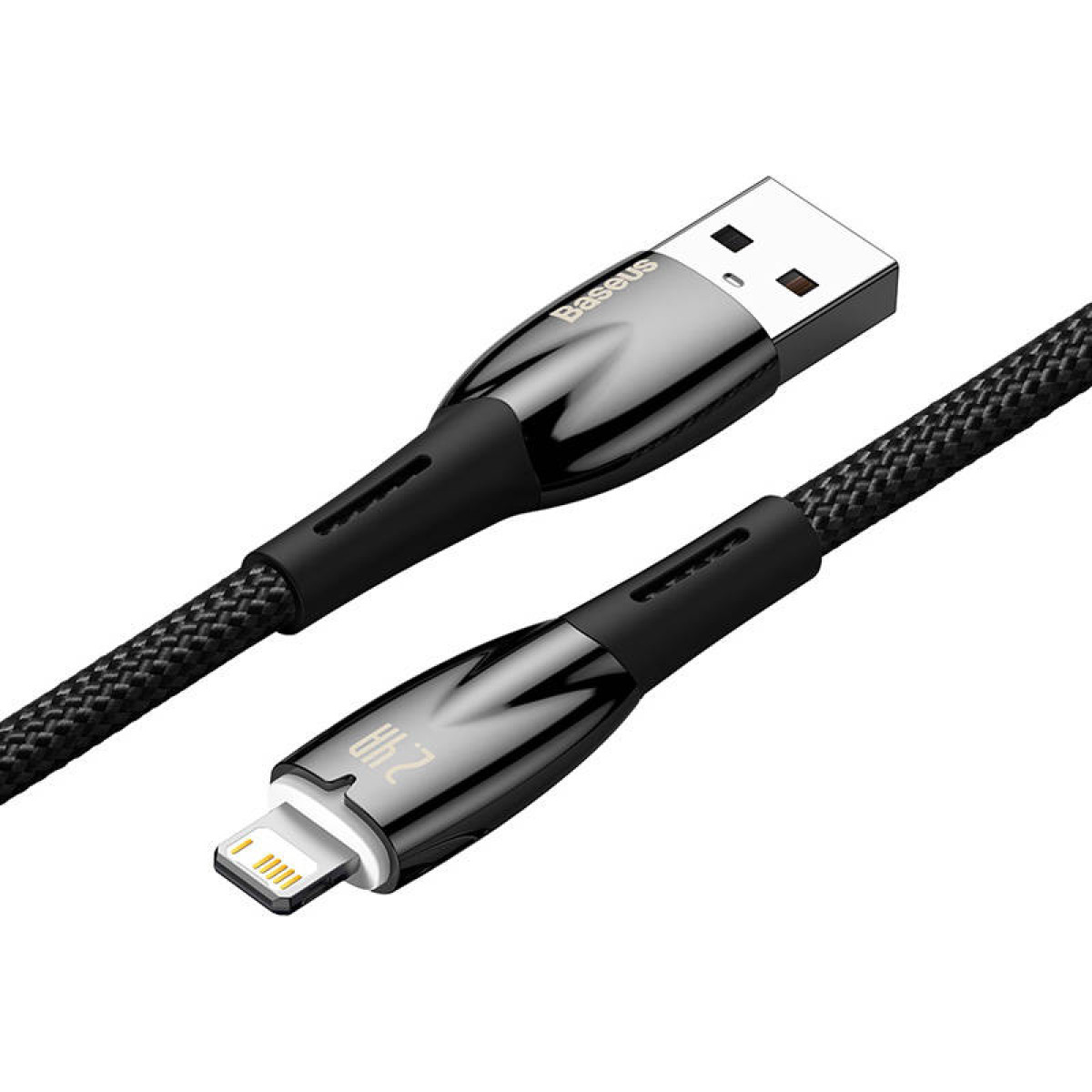Wyświetlany jest czarno-srebrny kabel ładujący ze złączami USB i Lightning.