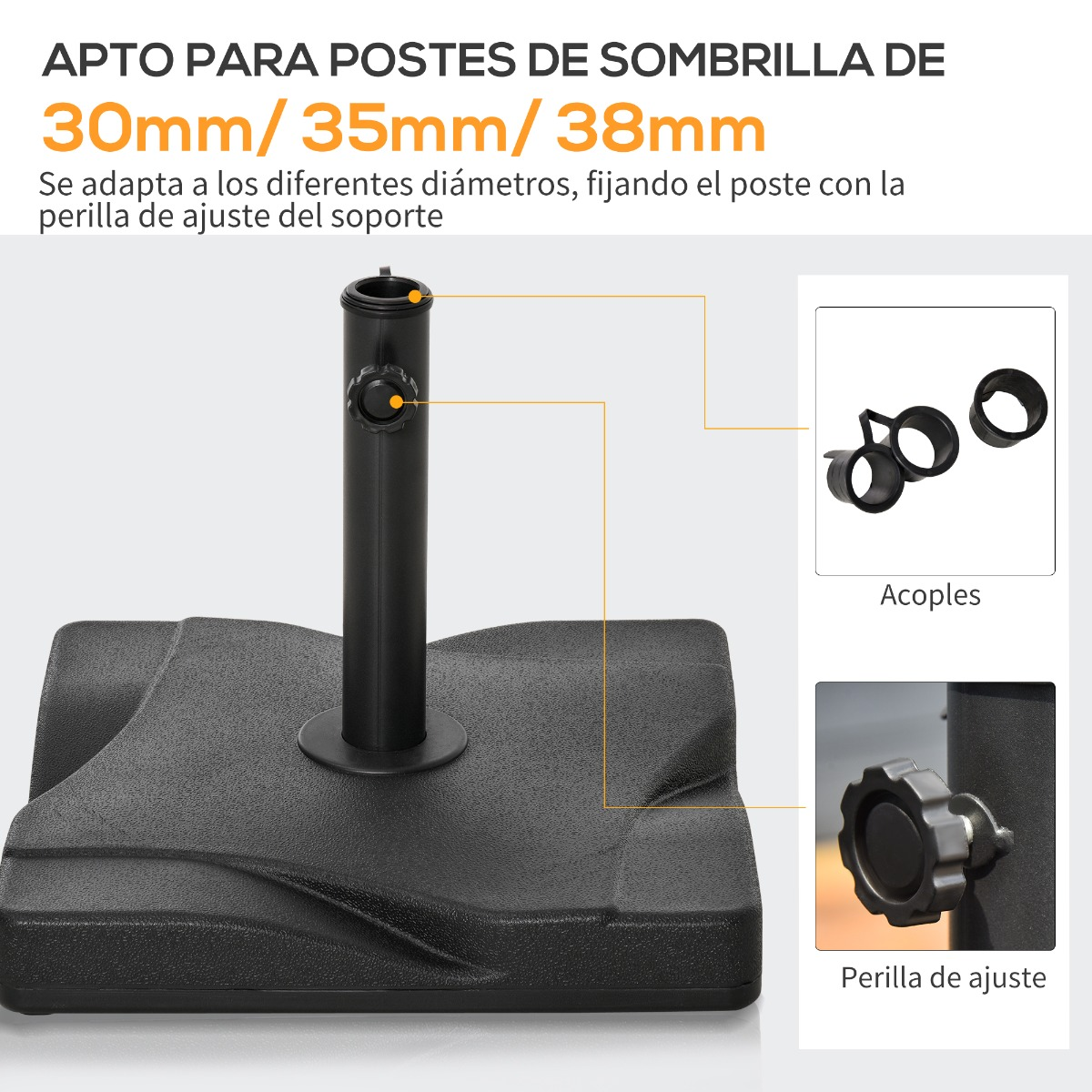 Se muestra una base de sombrilla con etiquetas que indican que se adapta a postes de 30/35/38 mm y tiene una perilla de ajuste y acoplamientos.