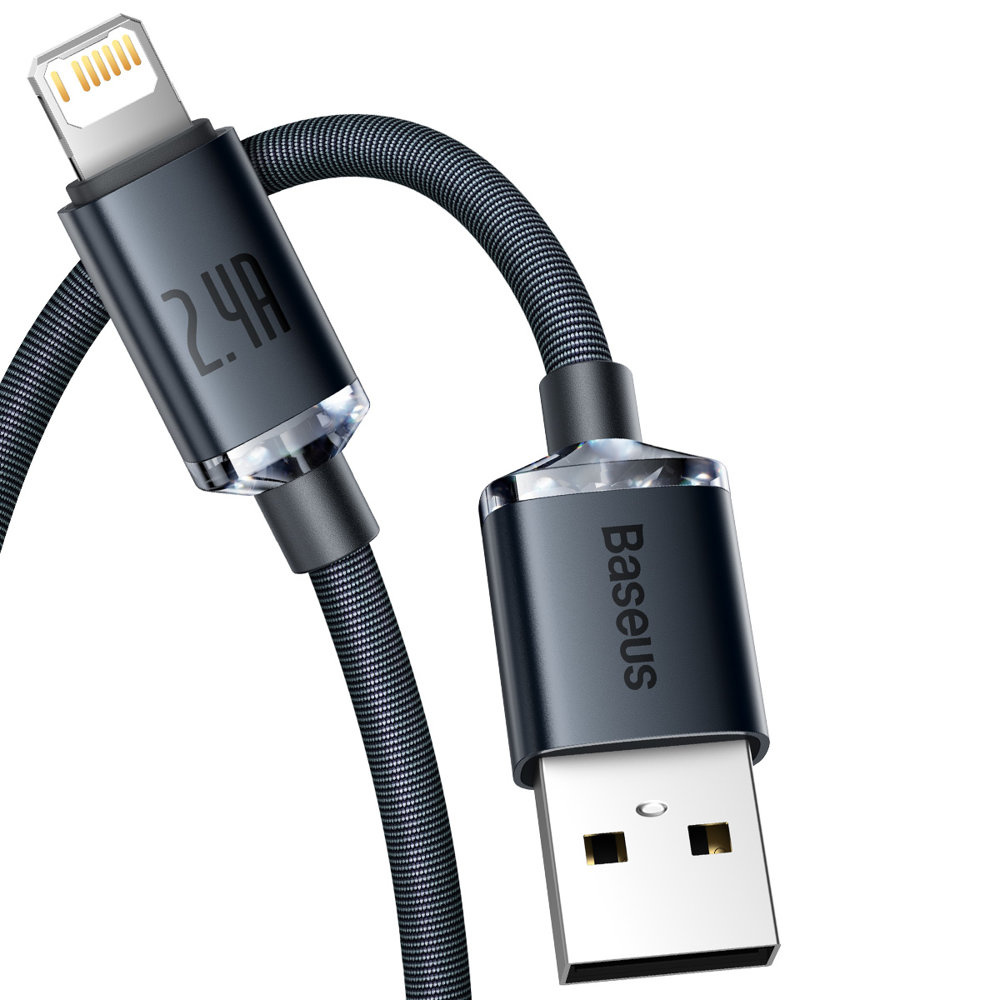 Zbliżenie kabla Baseus 2.4A USB do Lightning z plecioną konstrukcją na białym tle.