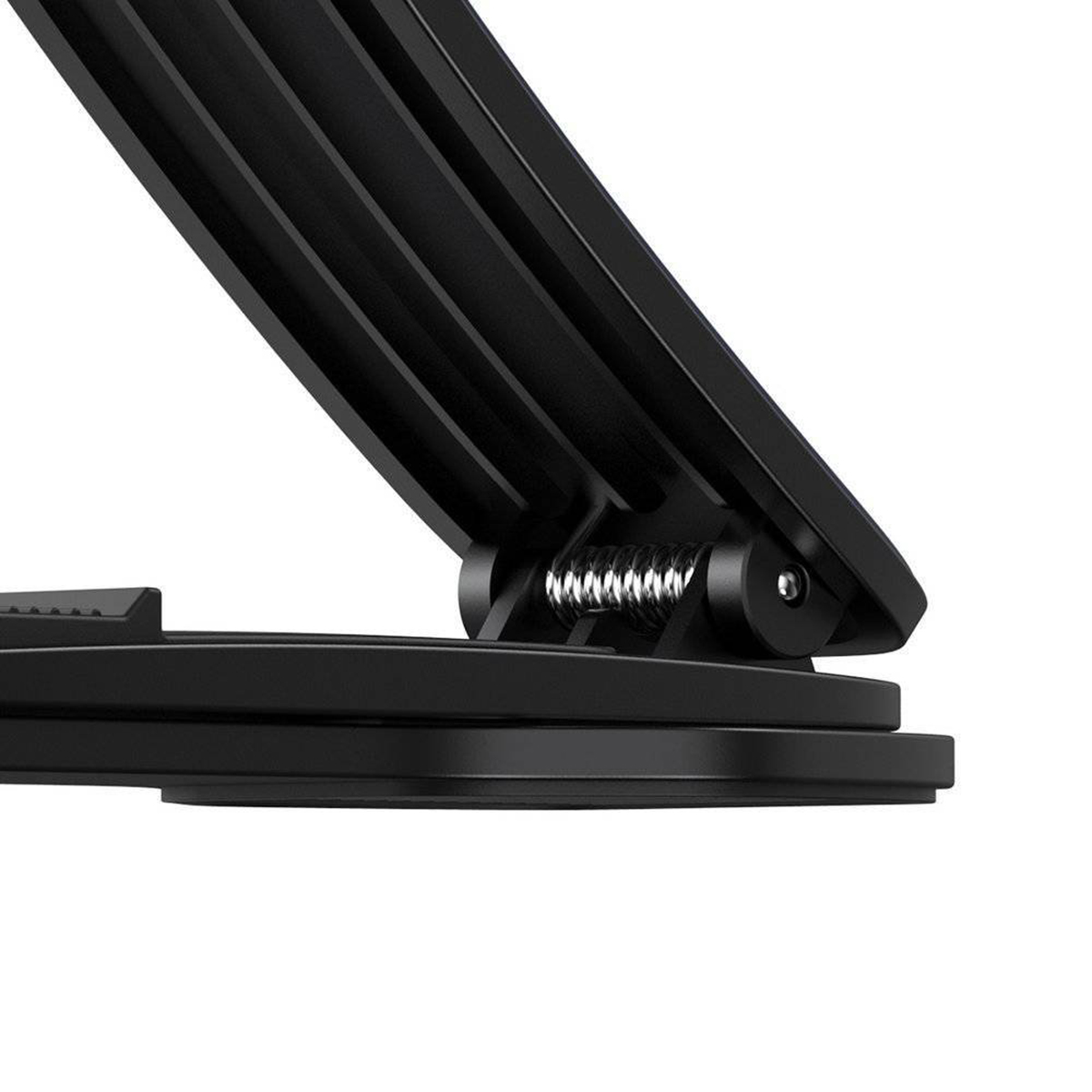 Zbliżenie mechanizmu czarnego uchwytu samochodowego, prezentującego system sprężynowy i dźwigniowy na białym tle.