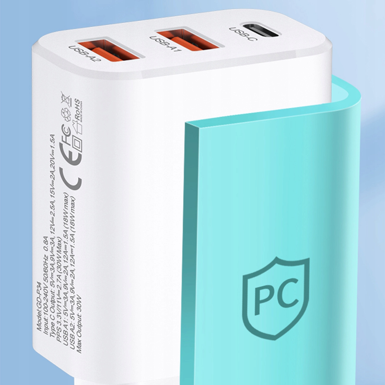 Biała ładowarka z portami USB jest częściowo zasłonięta przez przezroczystą osłonę w kolorze turkusowym.