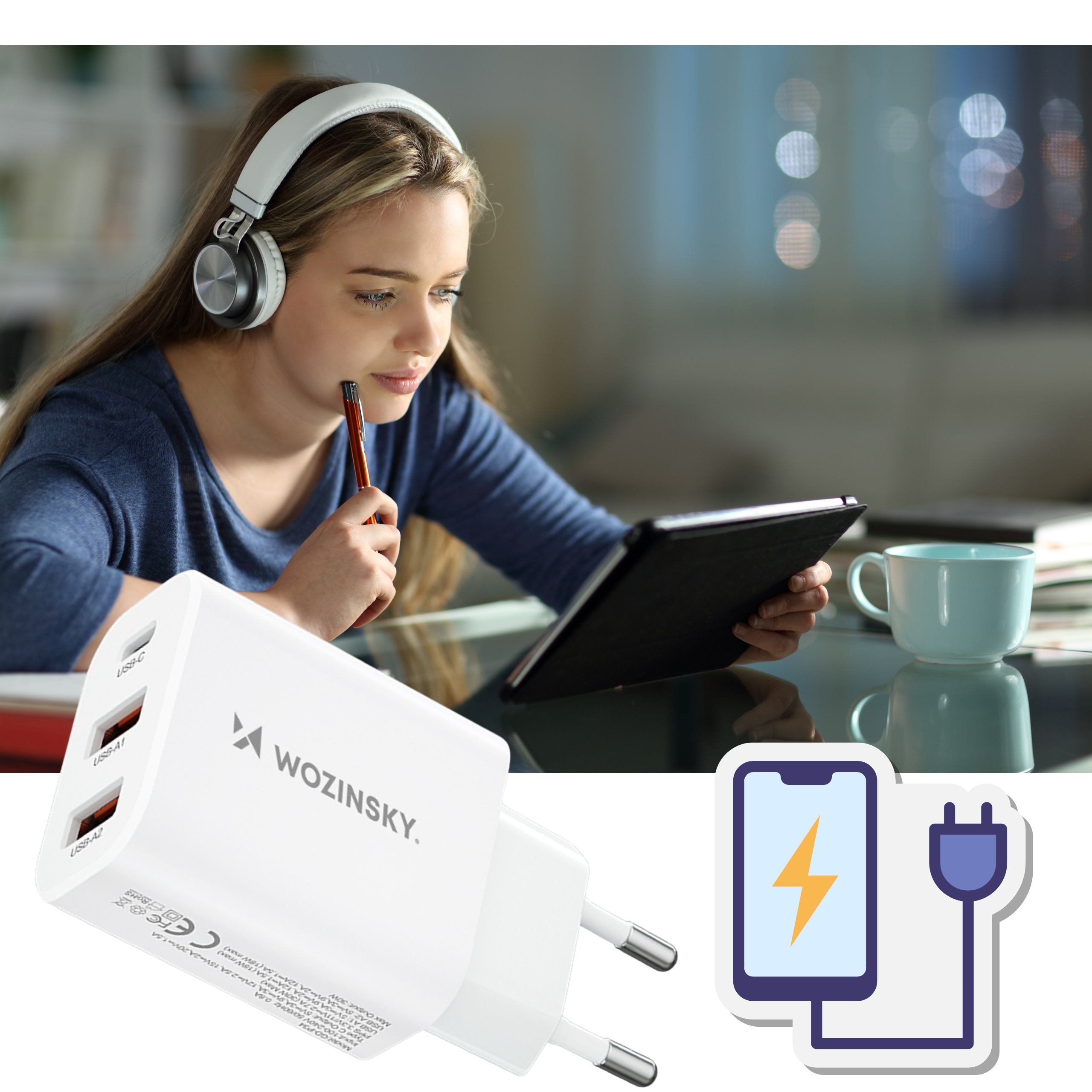 Kobieta korzystająca z tabletu, biała ładowarka Wozinsky i ikony ładowania są wyświetlane.