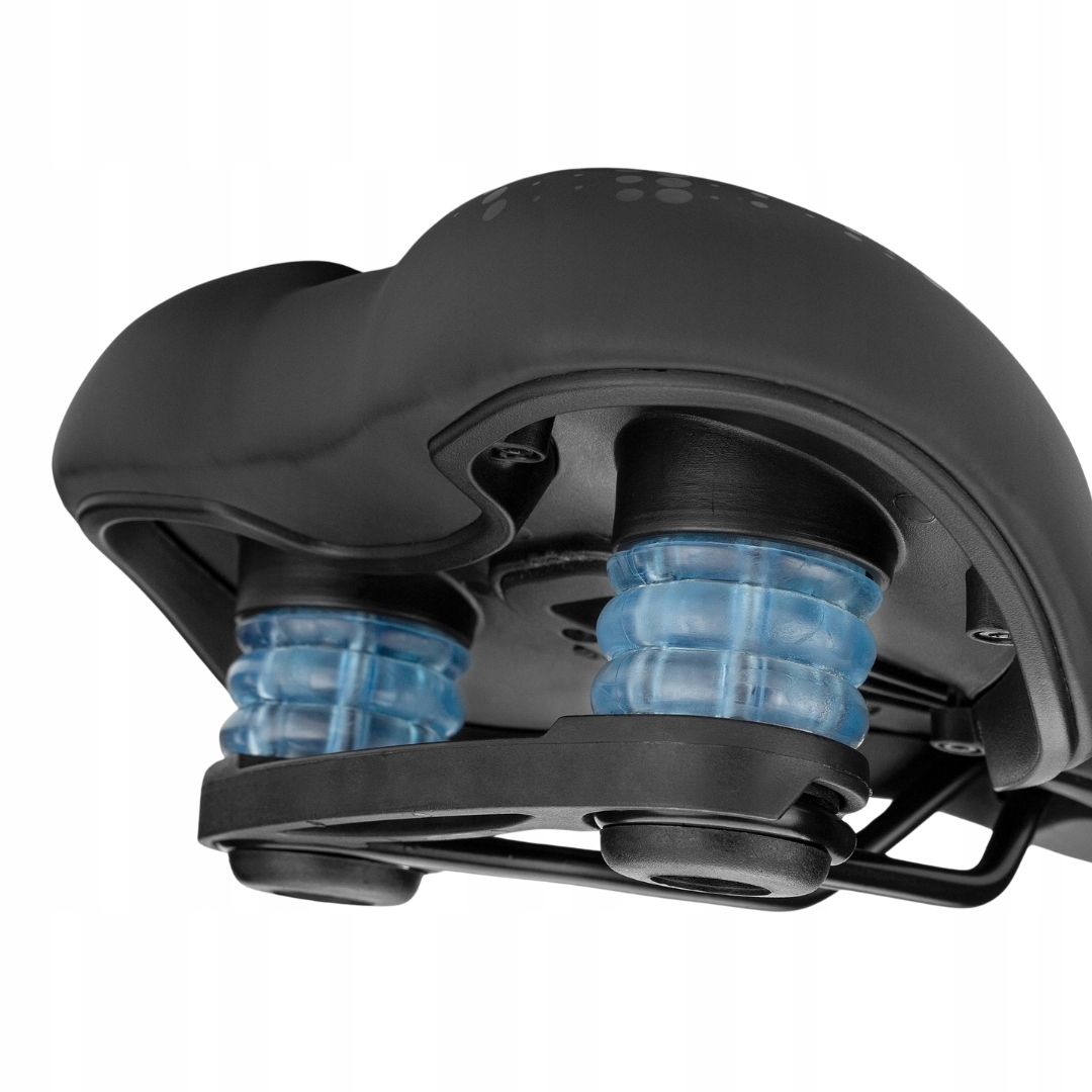 Czarne siodełko rowerowe z niebieskimi amortyzatorami. Siodełko jest ujęciem z bliska.