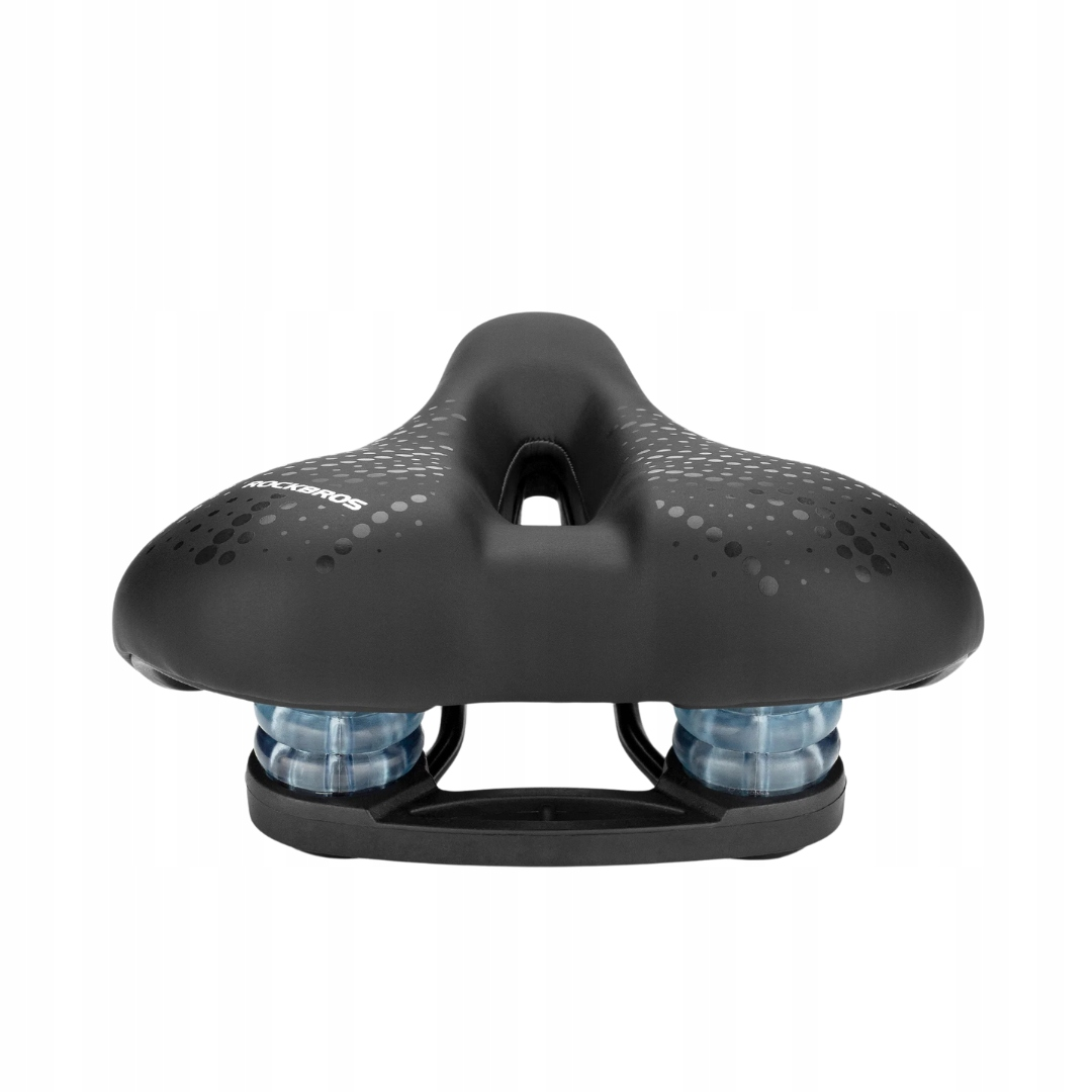 Czarne siodełko rowerowe z kropkowym wzorem i niebieskimi amortyzatorami. Siedzisko na białym tle.