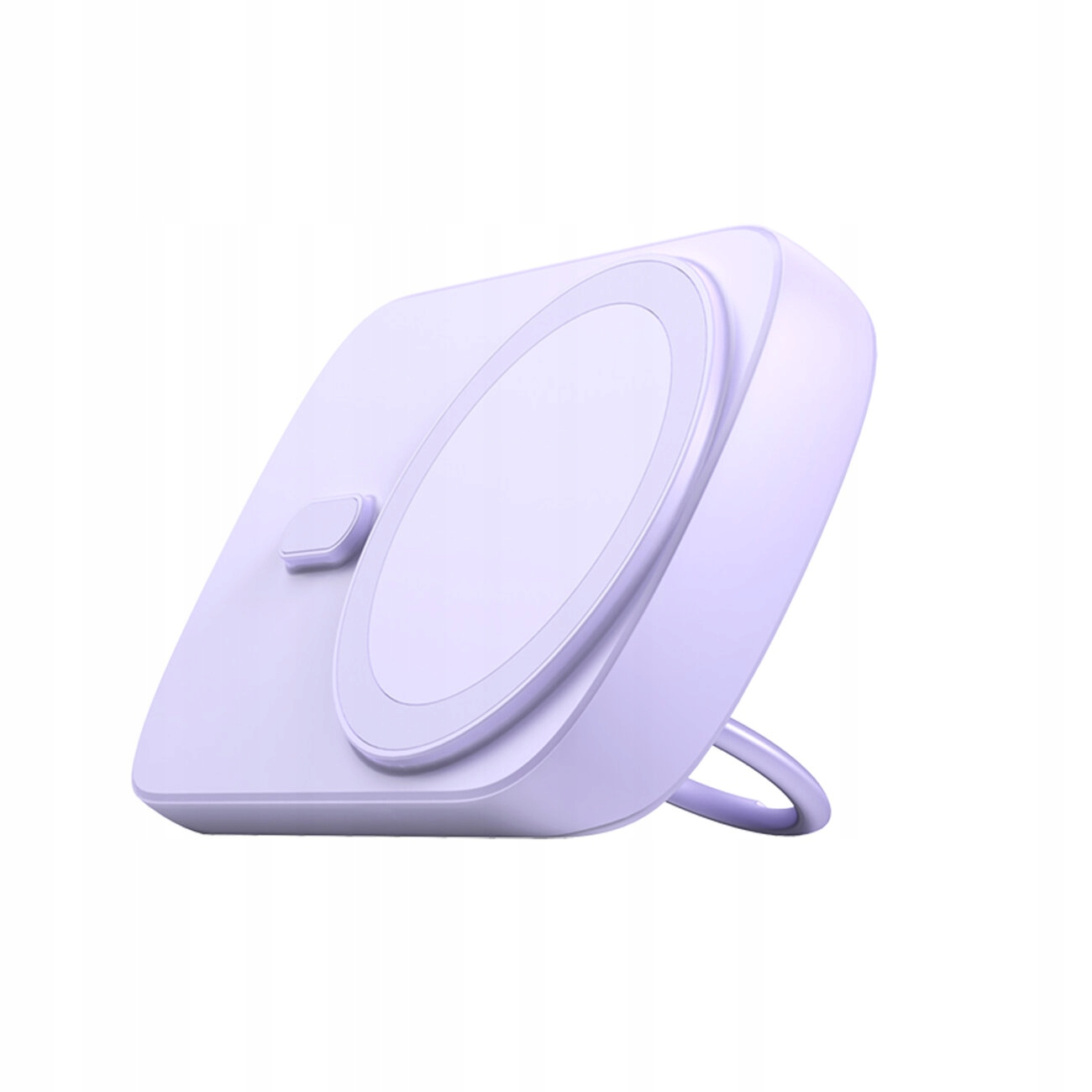 Liliowa przenośna ładowarka z białym okręgiem ładowania i małą podstawką.