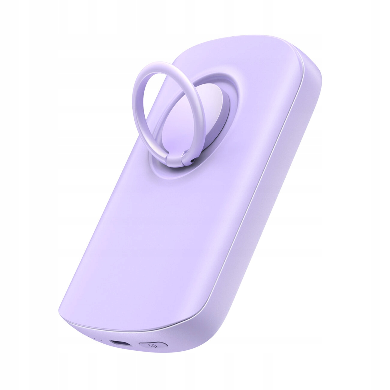 Liliowa przenośna ładowarka z pętlą na palec i okręgiem ładowania pośrodku.