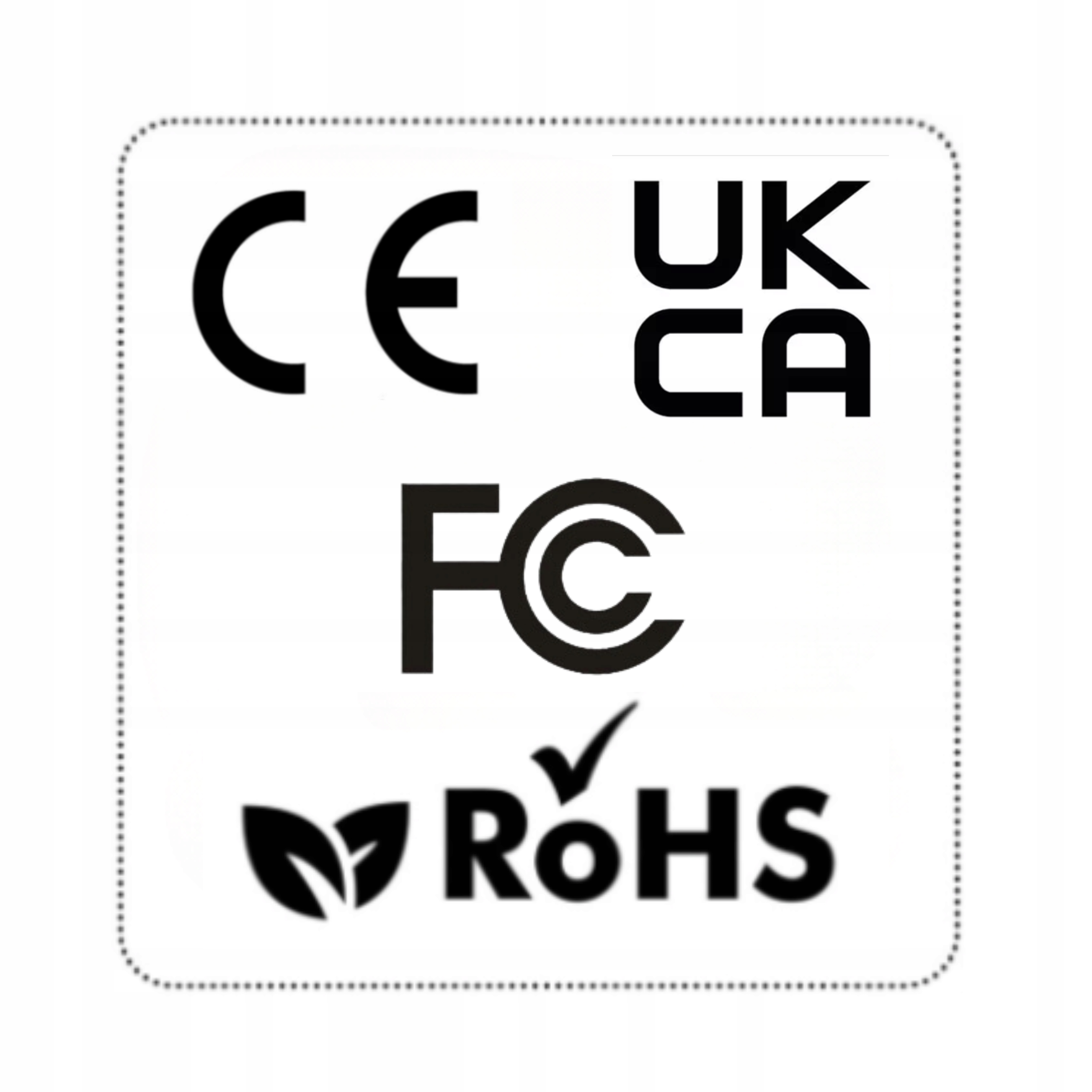 Biały kwadrat z logo CE, UKCA, FC i RoHS. To symbole zgodności.