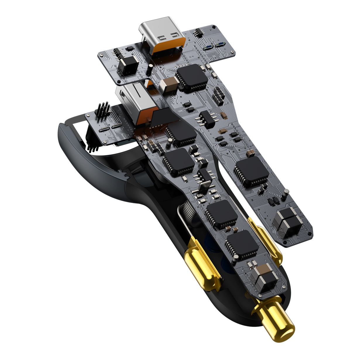 Wewnętrzny widok ładowarki samochodowej ukazujący jej elementy elektroniczne.