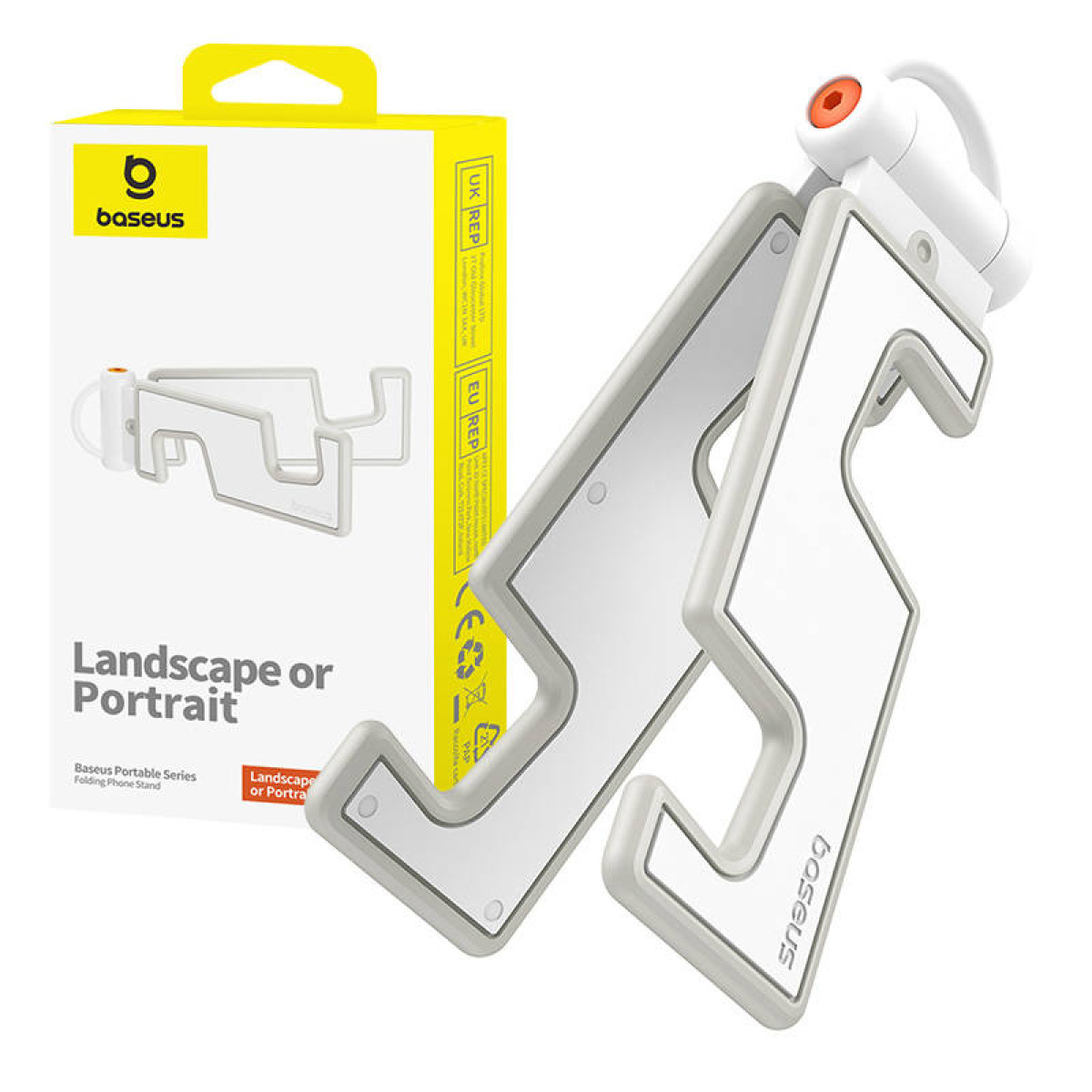 Biały uchwyt na telefon Baseus jest wyświetlany obok opakowania, ma składaną konstrukcję.