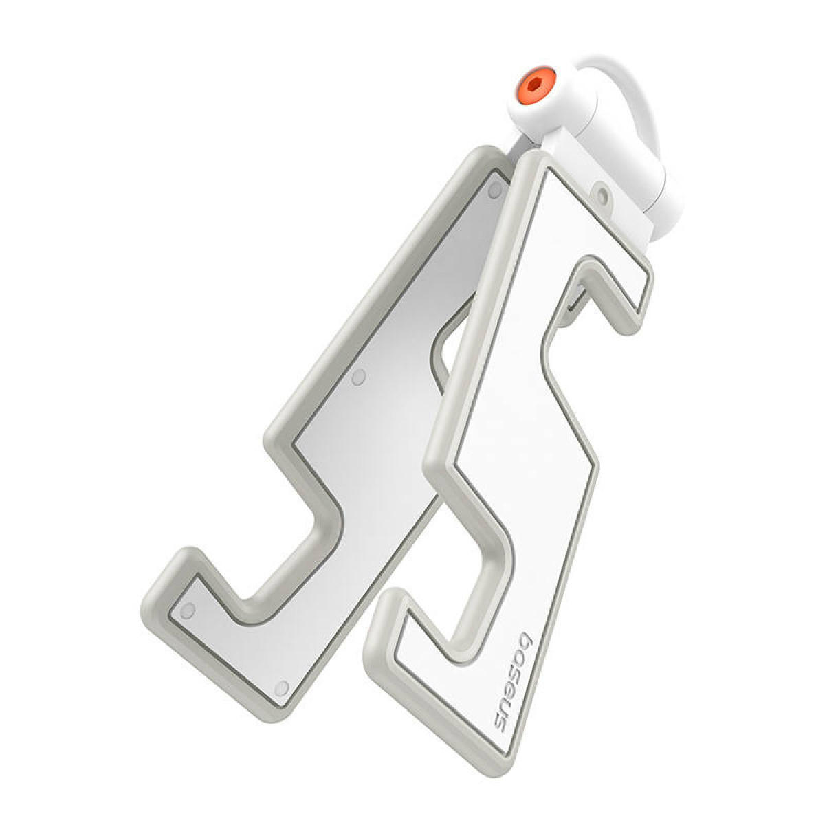 Wyświetlany jest biały uchwyt na telefon Baseus, charakteryzujący się składaną konstrukcją i pomarańczowym akcentem.