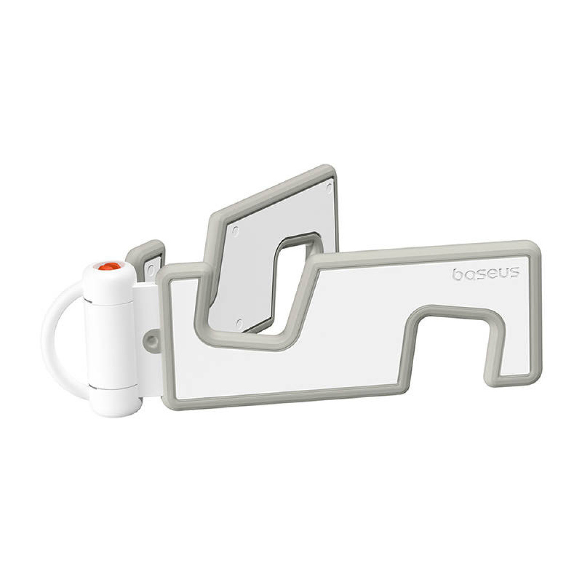 Biały i szary stojak na telefon Baseus z czerwonym przyciskiem, izolowany na białym tle.