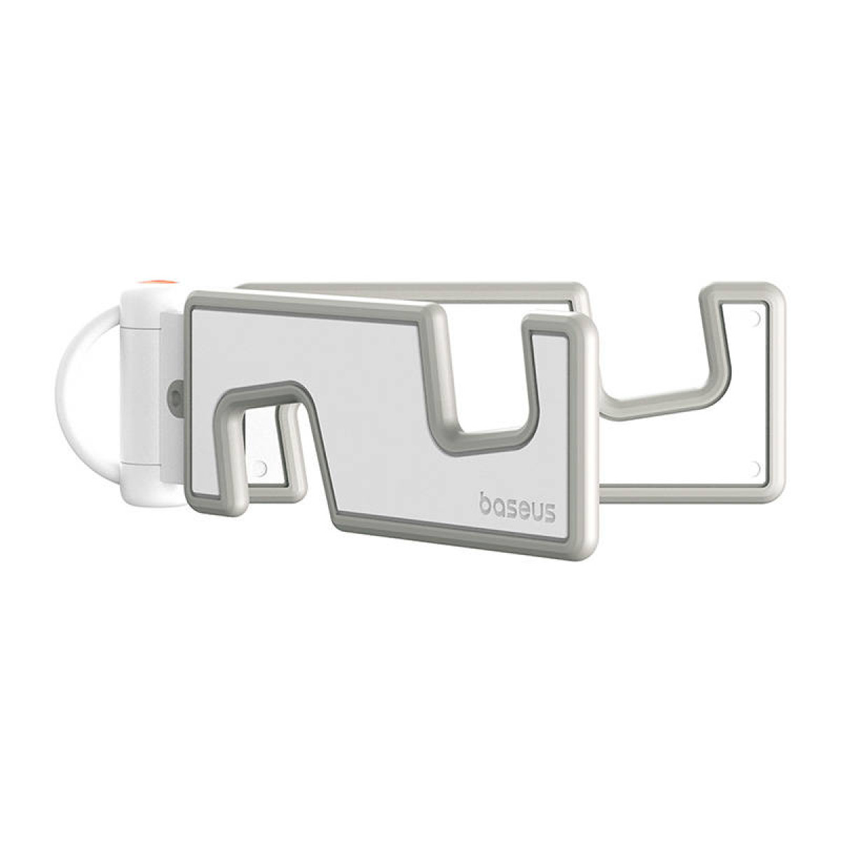 Biały i szary stojak na telefon Baseus z czerwonym przyciskiem, pokazany na białym tle.