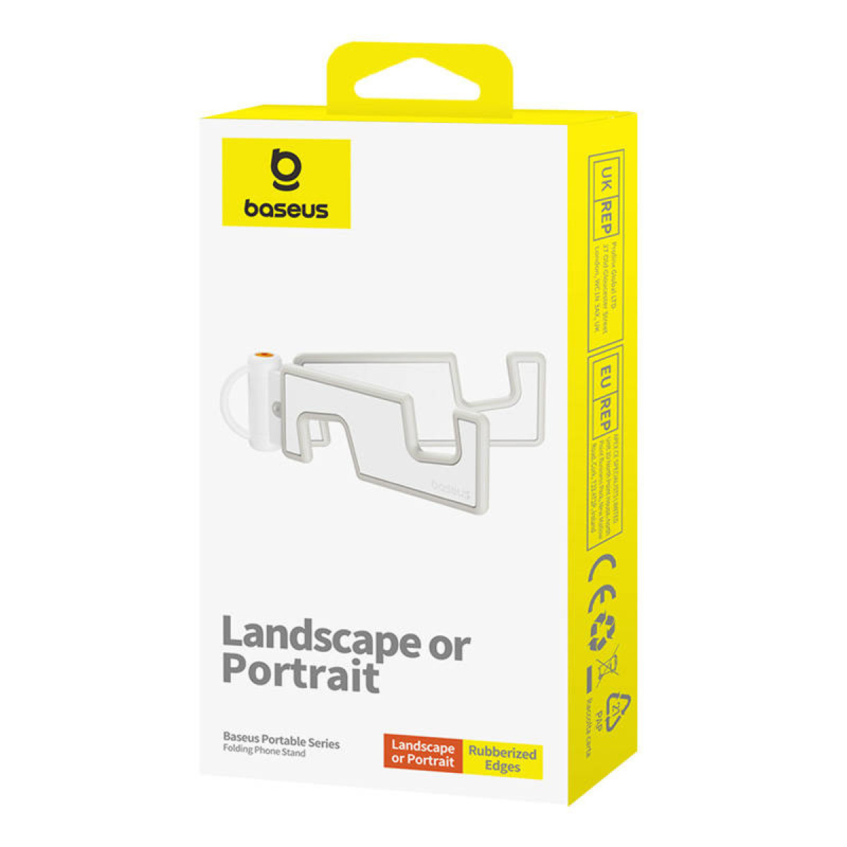 Pudełko detaliczne na składany stojak na telefon z serii Baseus Portable, z białym stojakiem z szarymi krawędziami.