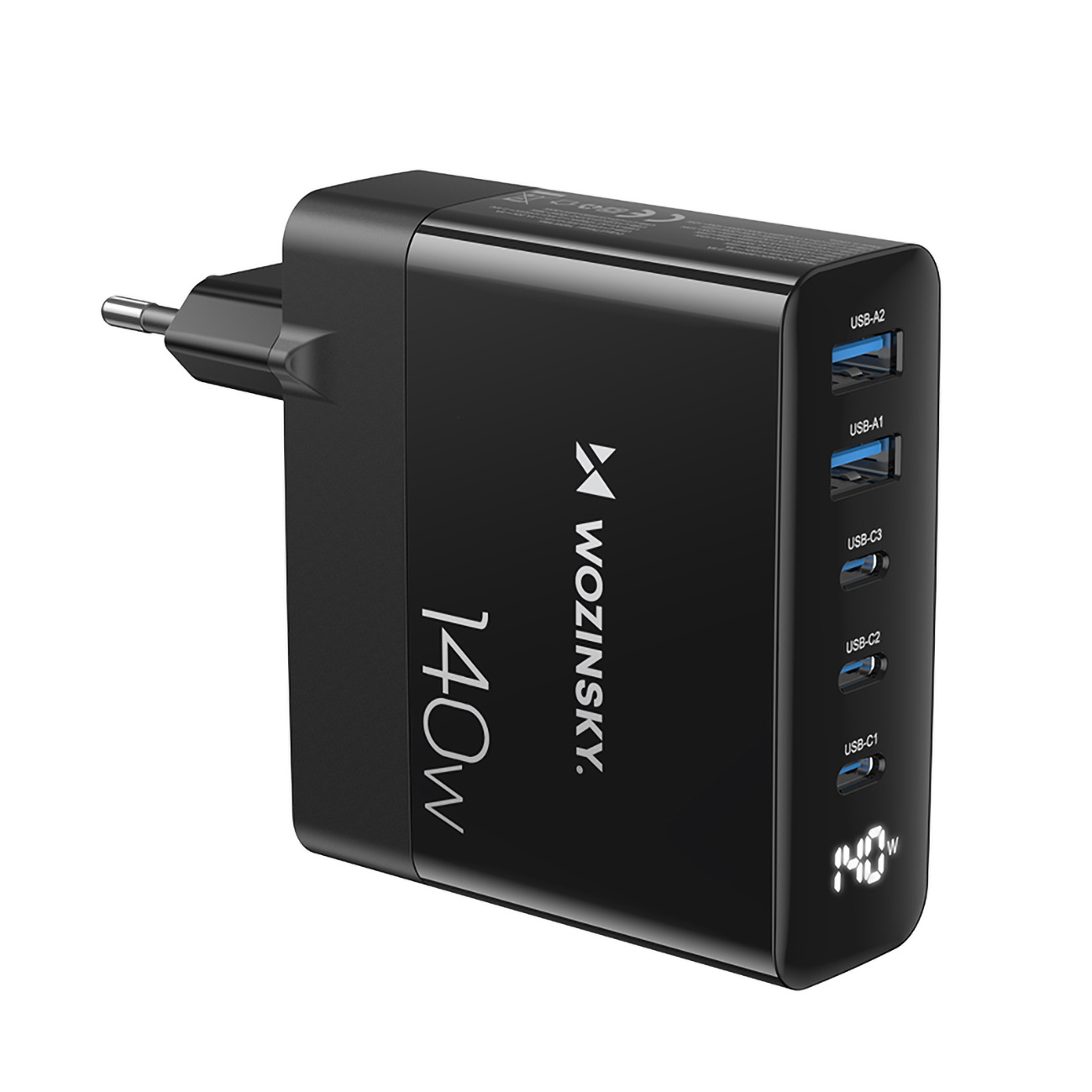 Czarna ładowarka Wozinsky o mocy 140 W z wieloma portami USB, pokazana pod kątem na białym tle.