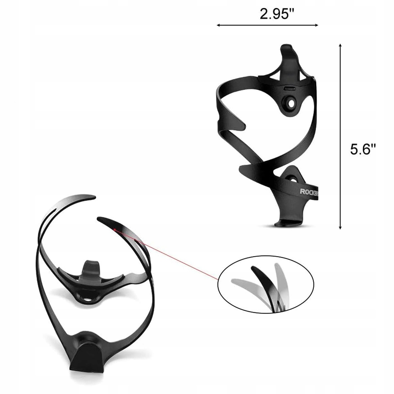 Obraz przedstawia dwa czarne koszyki na bidon RockBros z etykietami wymiarów na białym tle.