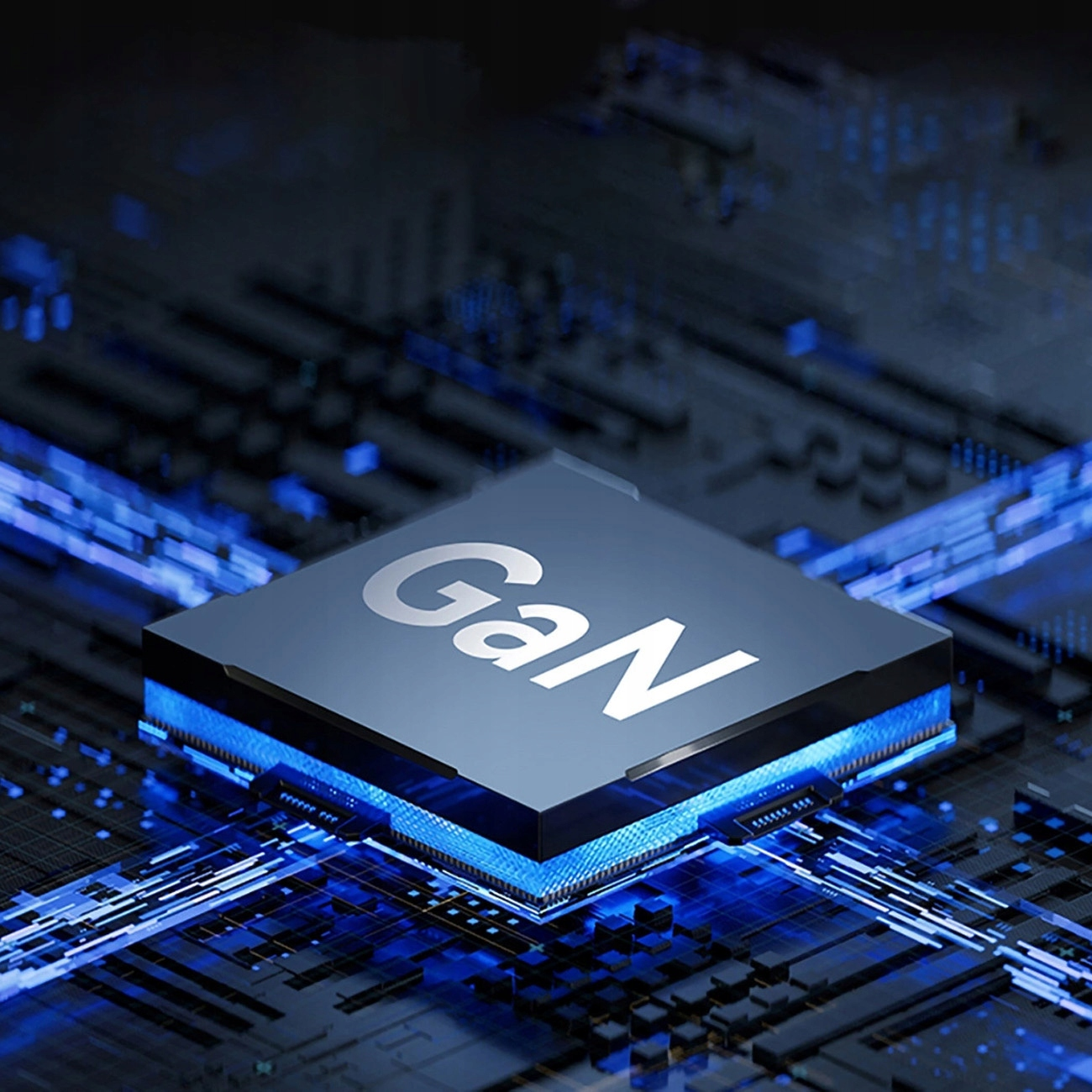 Zbliżenie kwadratowego układu GaN z niebieskimi akcentami i wzorami obwodów na ciemnym tle.
