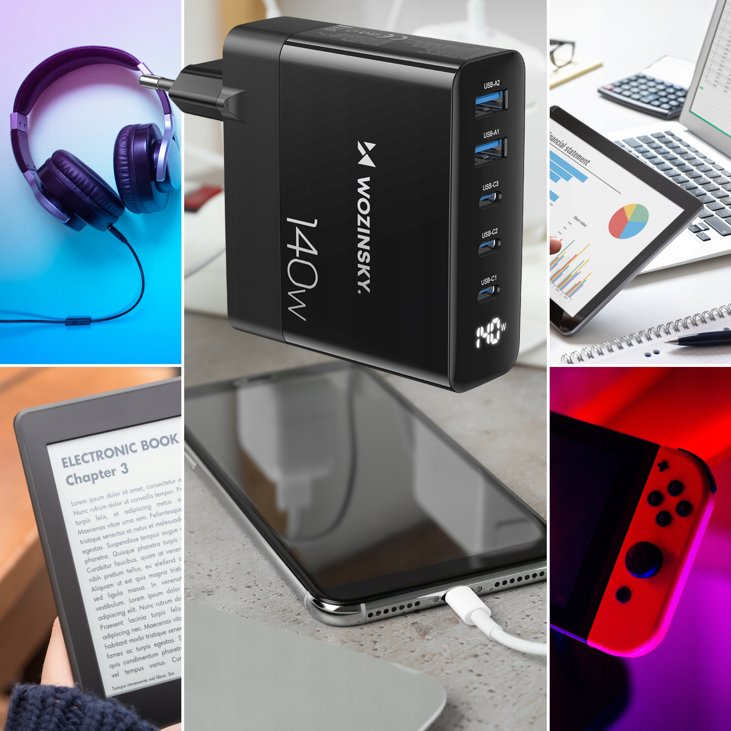 Kolaż elektroniki, w tym słuchawki, ładowarka, tablet, e-czytnik, smartfon i konsola do gier.