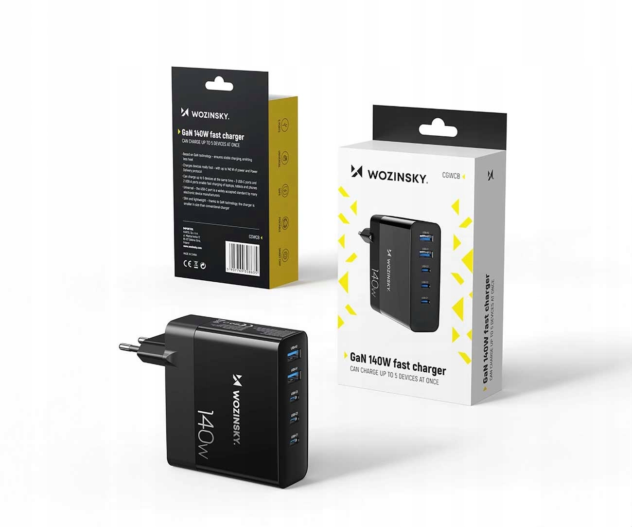 Pudełko szybkiej ładowarki Wozinsky GaN 140W obok ładowarki, na białym tle.