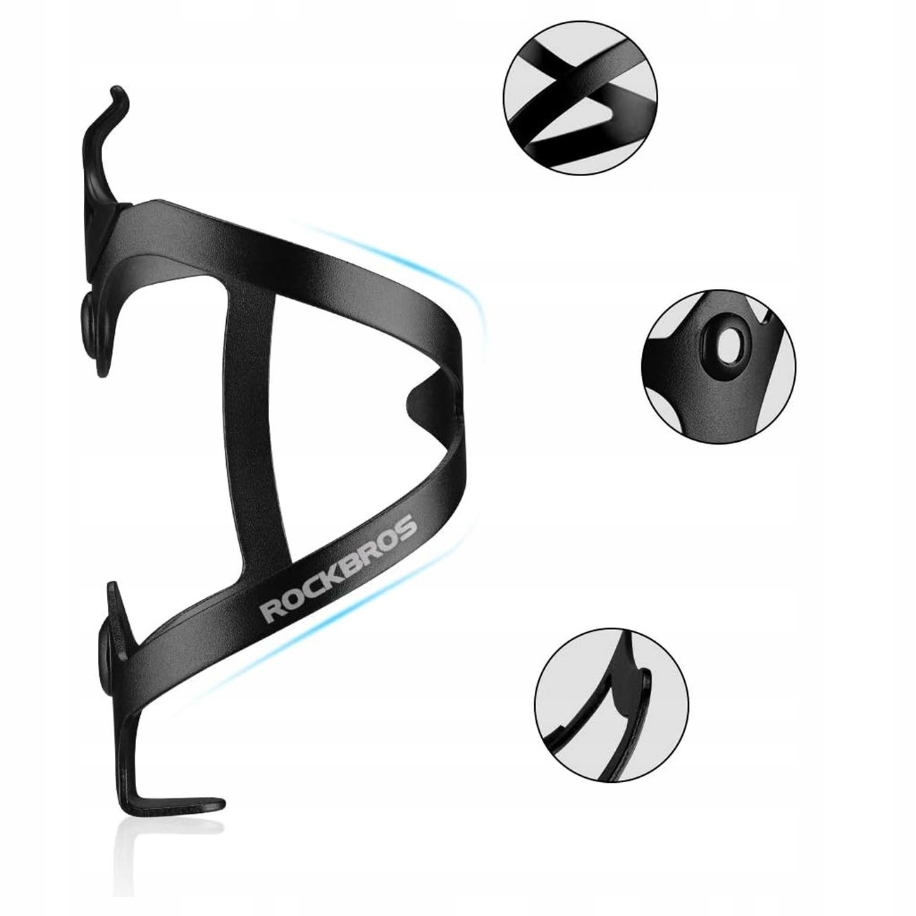 Czarny koszyk na bidon RockBros ze szczegółowymi ujęciami na białym tle, podkreślającymi jego cechy.