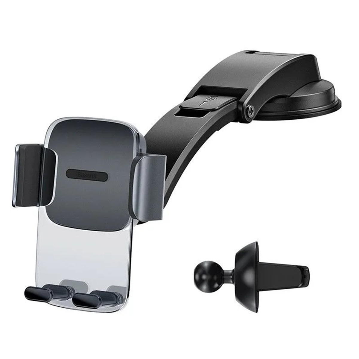 Uchwyt samochodowy Baseus z przyssawką i mocowaniem wentylacyjnym, prezentujący czarno-srebrny wzór.