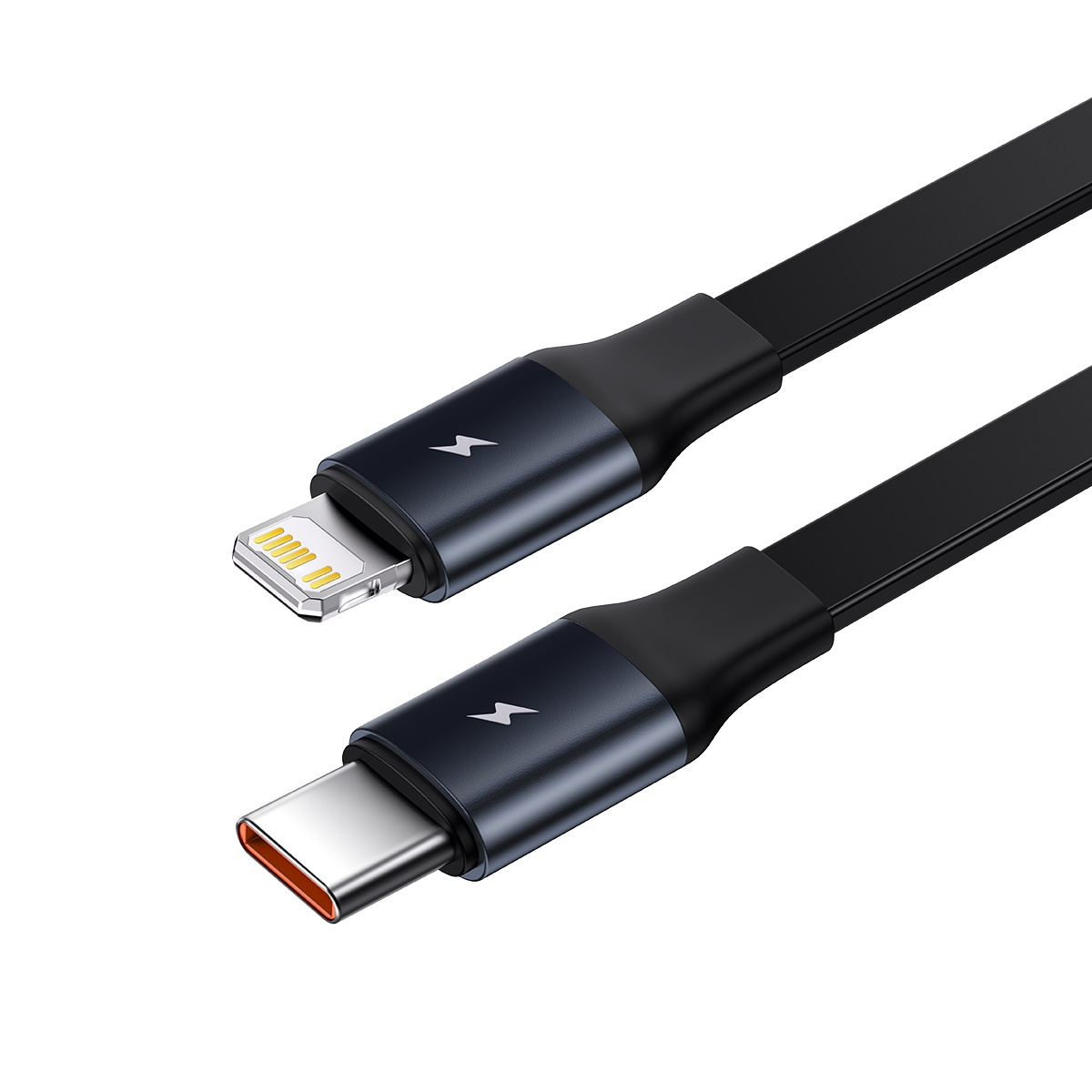 Zdjęcie przedstawia czarny płaski kabel ładujący ze złączem USB-C i Lightning.
