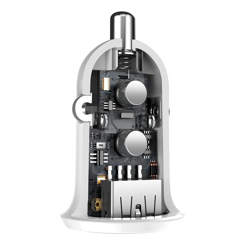 Przekrój białej ładowarki samochodowej Baseus, szczegółowo przedstawiający jej skomplikowane obwody wewnętrzne i komponenty.