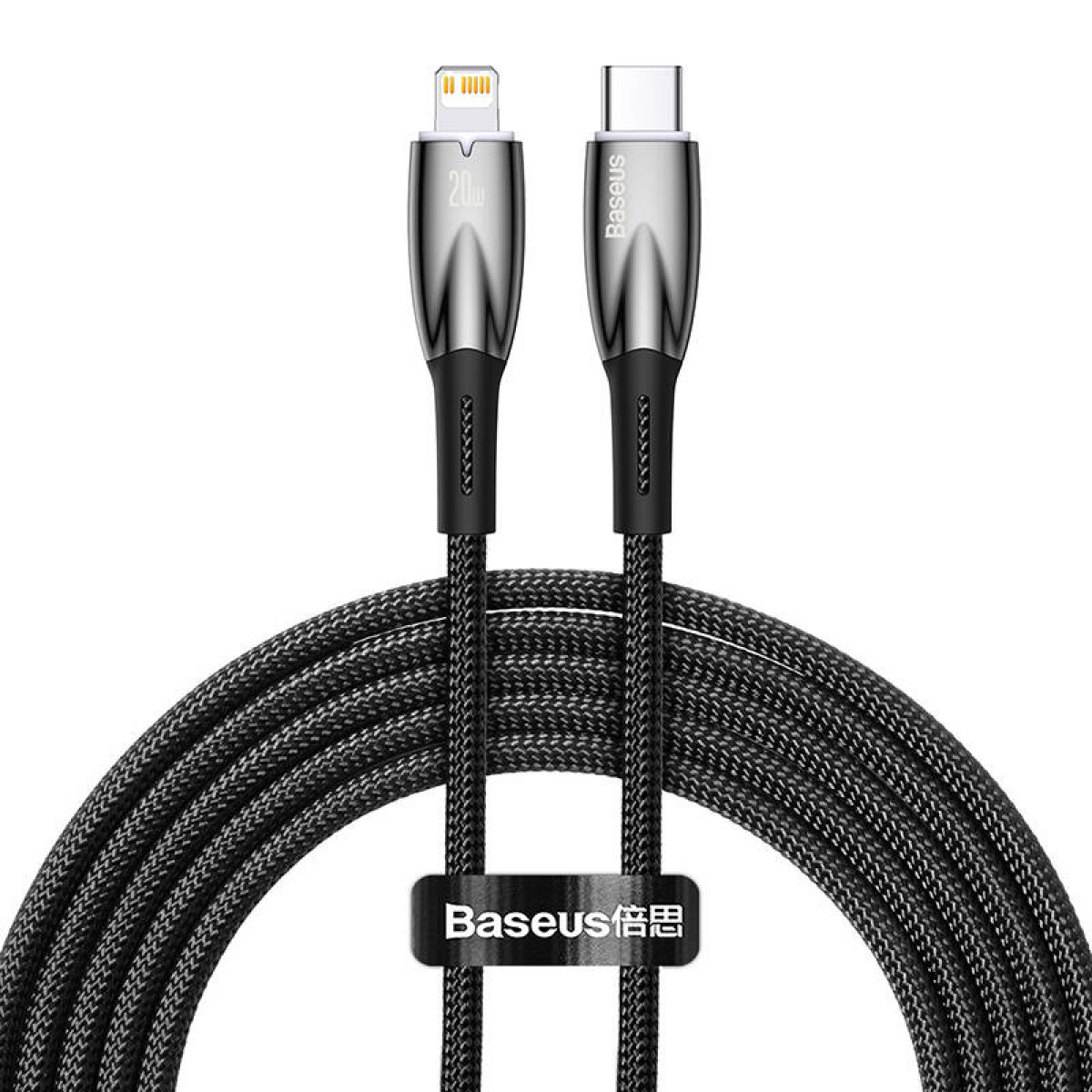 Pleciony kabel ładujący Baseus ze złączami Lightning i USB-C, prezentujący jego trwałą konstrukcję i markę.