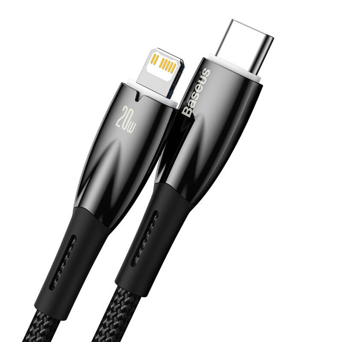 Zbliżenie kabla ładującego Baseus ze złączem Lightning i złączem USB-C, prezentujące markę.