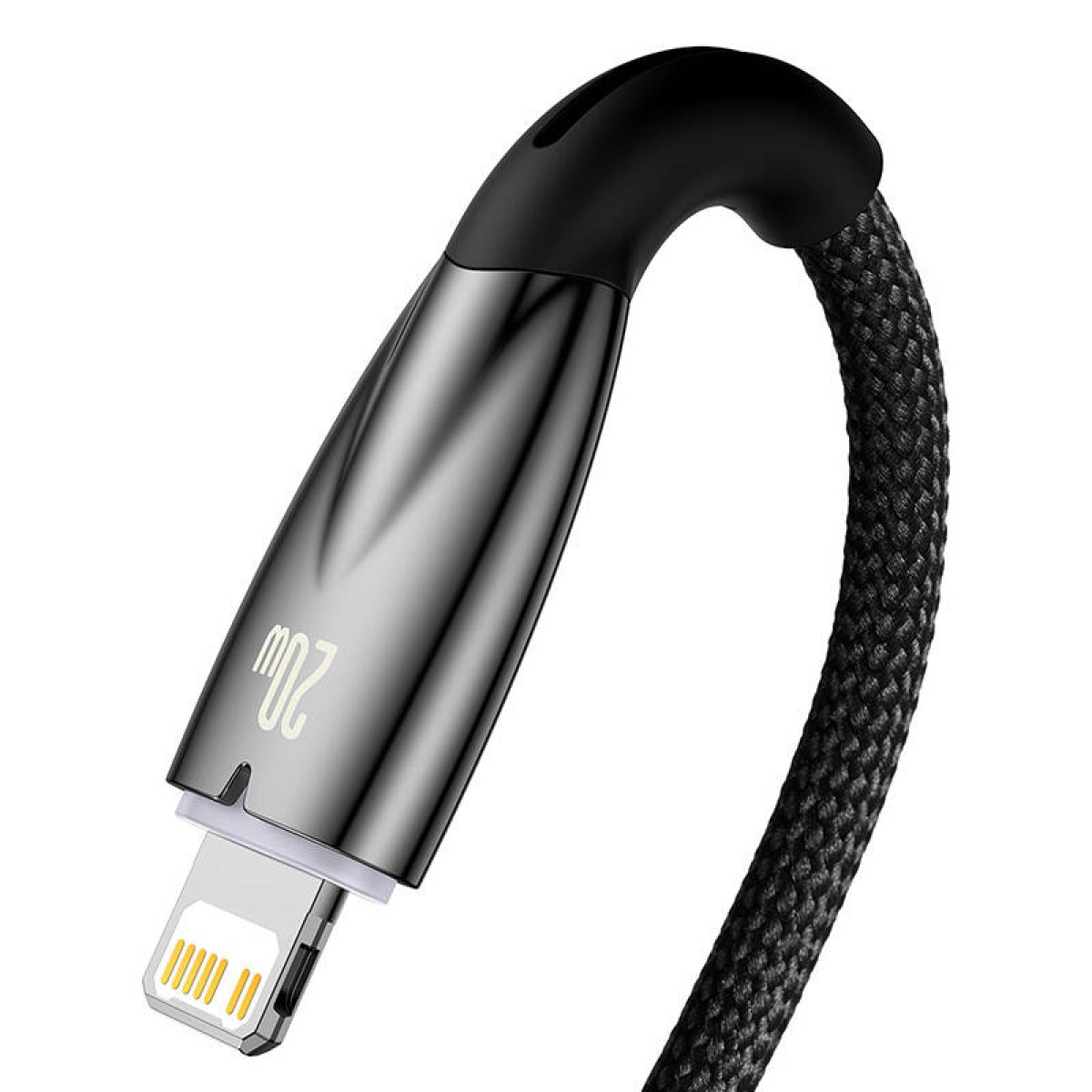 Zbliżenie kabla ładującego Baseus ze złączem Lightning, podkreślające jego konstrukcję i kompatybilność z urządzeniami Apple.