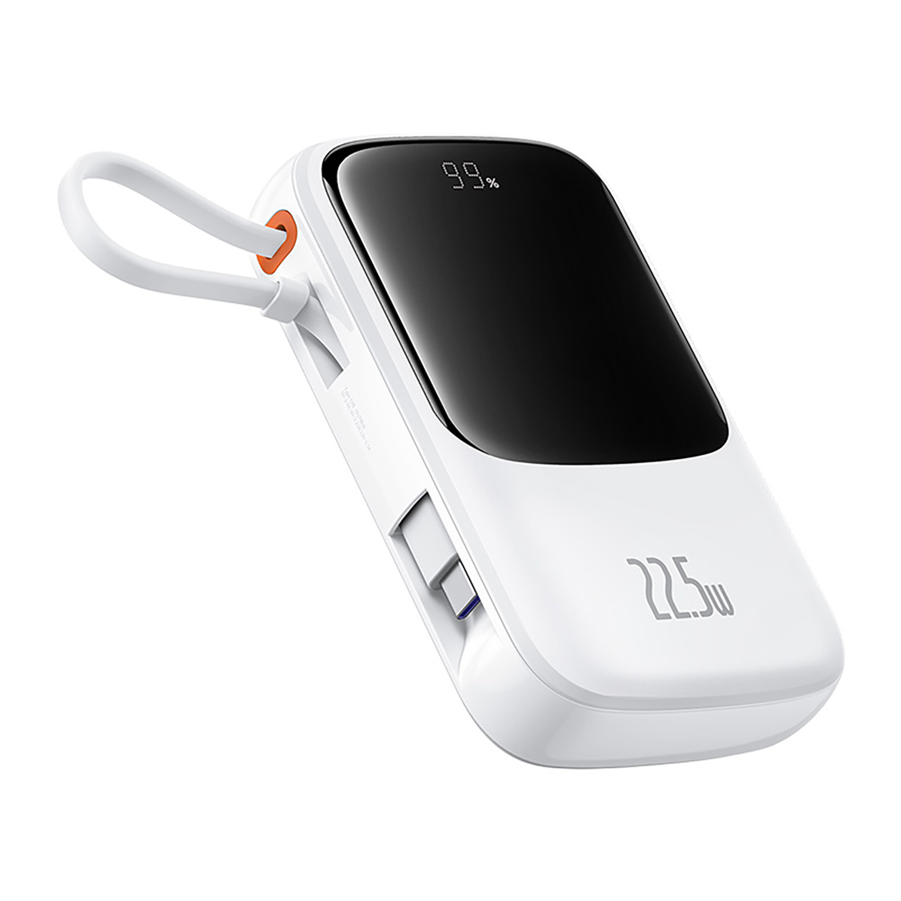Biała przenośna ładowarka wyświetlająca '99%' i '22.5w', wyposażona w wiele portów do ładowania urządzeń.