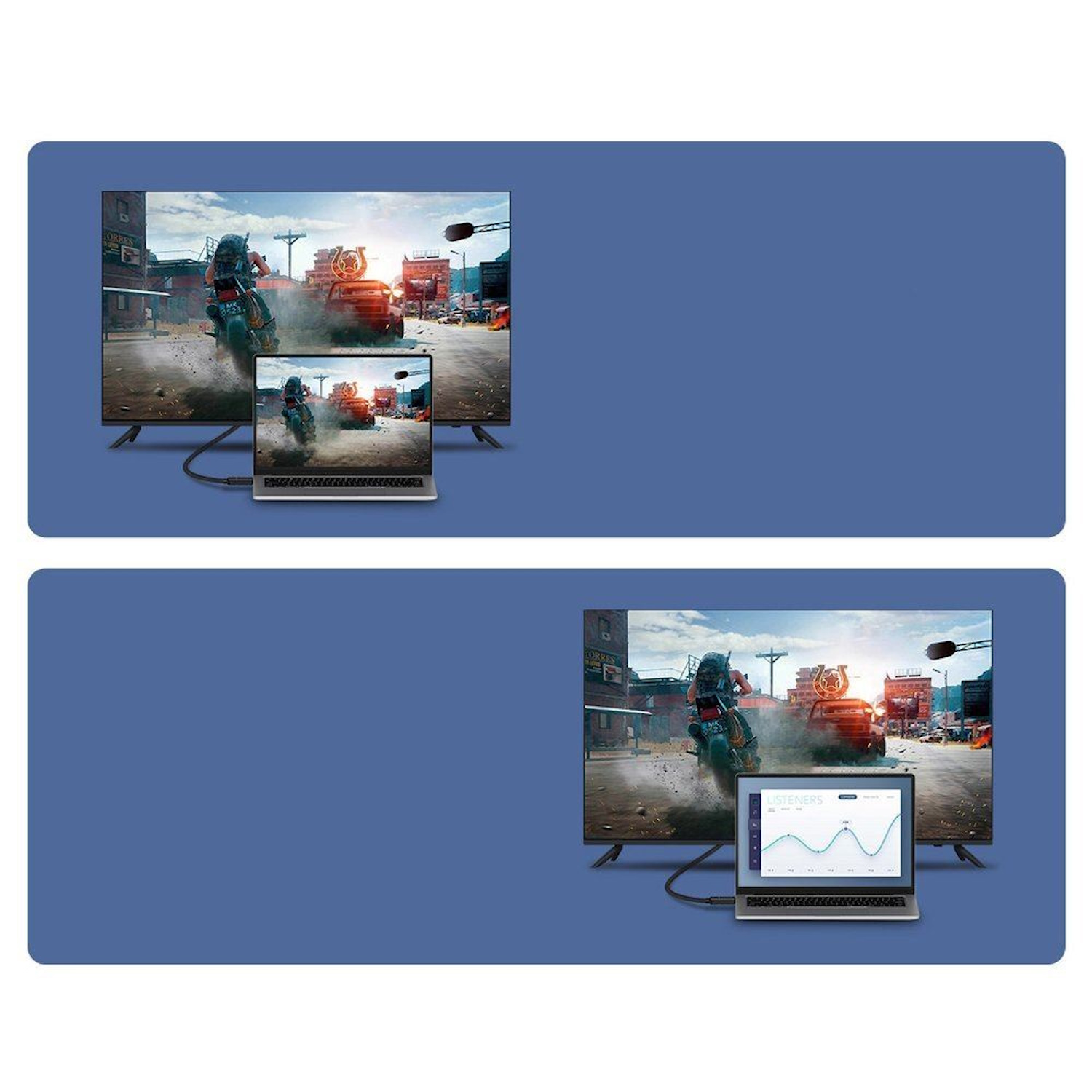 Dwa ekrany pokazujące grę wideo podłączoną do laptopów, na niebieskim tle.