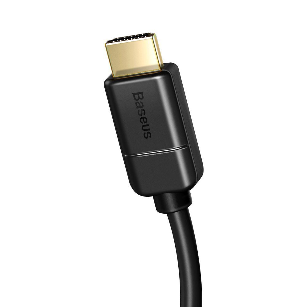 Czarny kabel HDMI Baseus ze złotym złączem jest wyświetlany na białym tle.