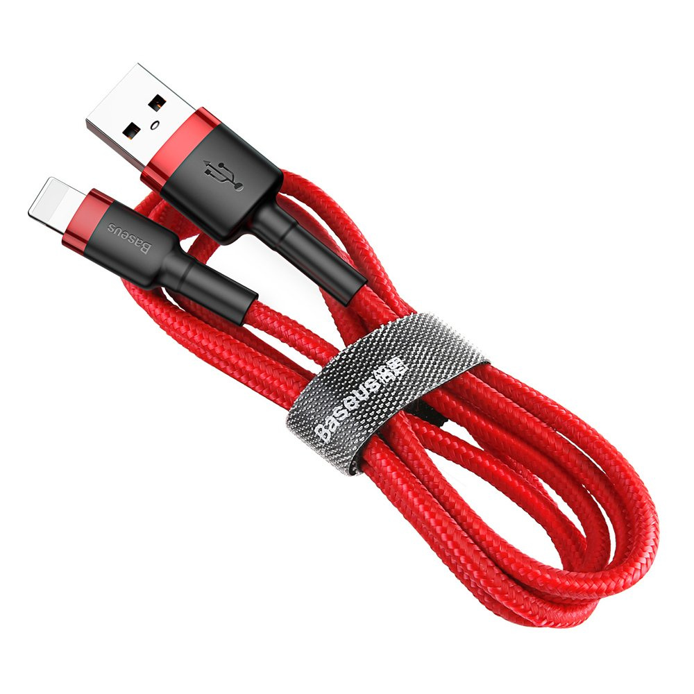 Czerwony kabel USB Baseus z czarnym złączem i paskiem na rzep jest wyświetlany na białym tle.