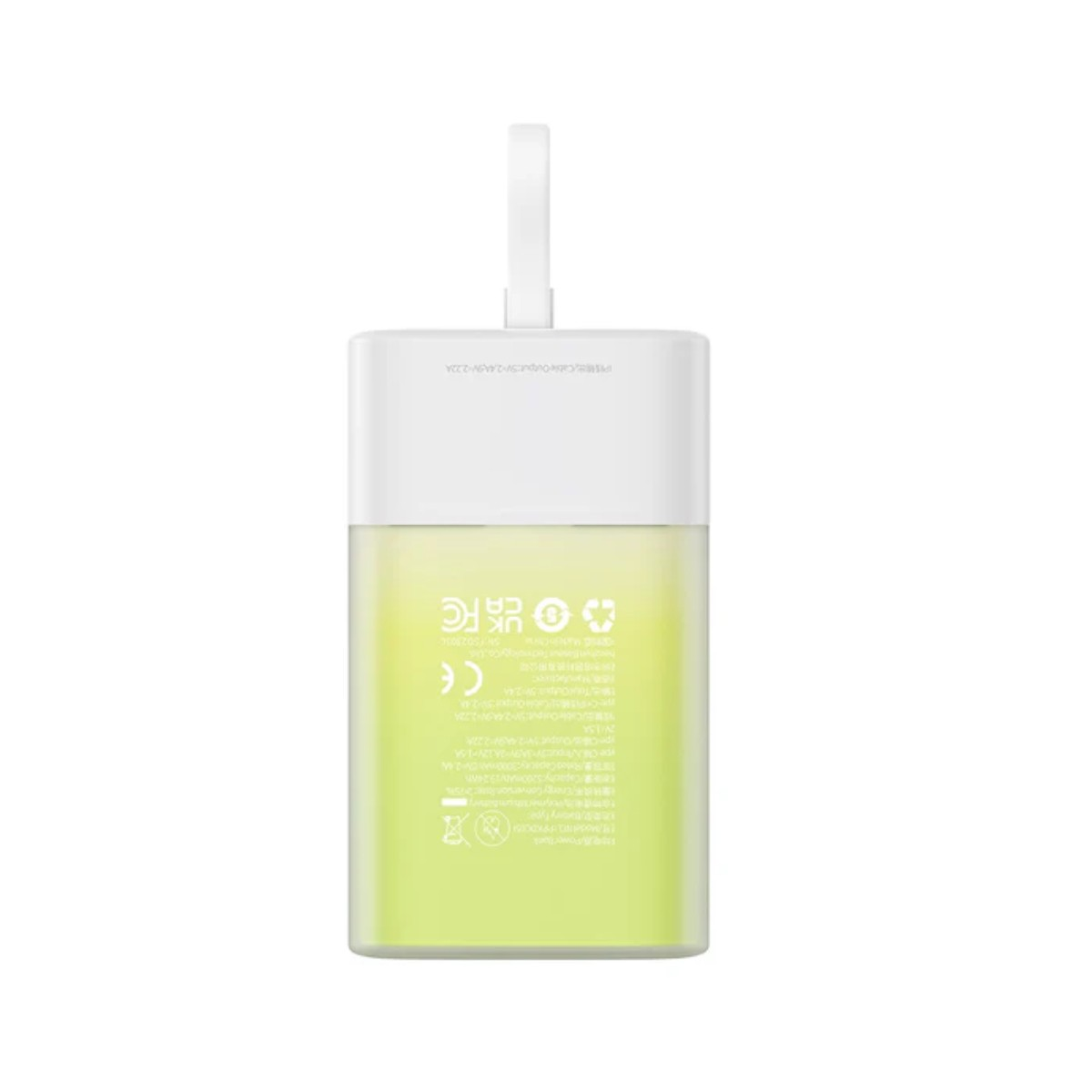 Biało-zielony power bank Baseus z informacjami technicznymi jest wyświetlany na białym tle.