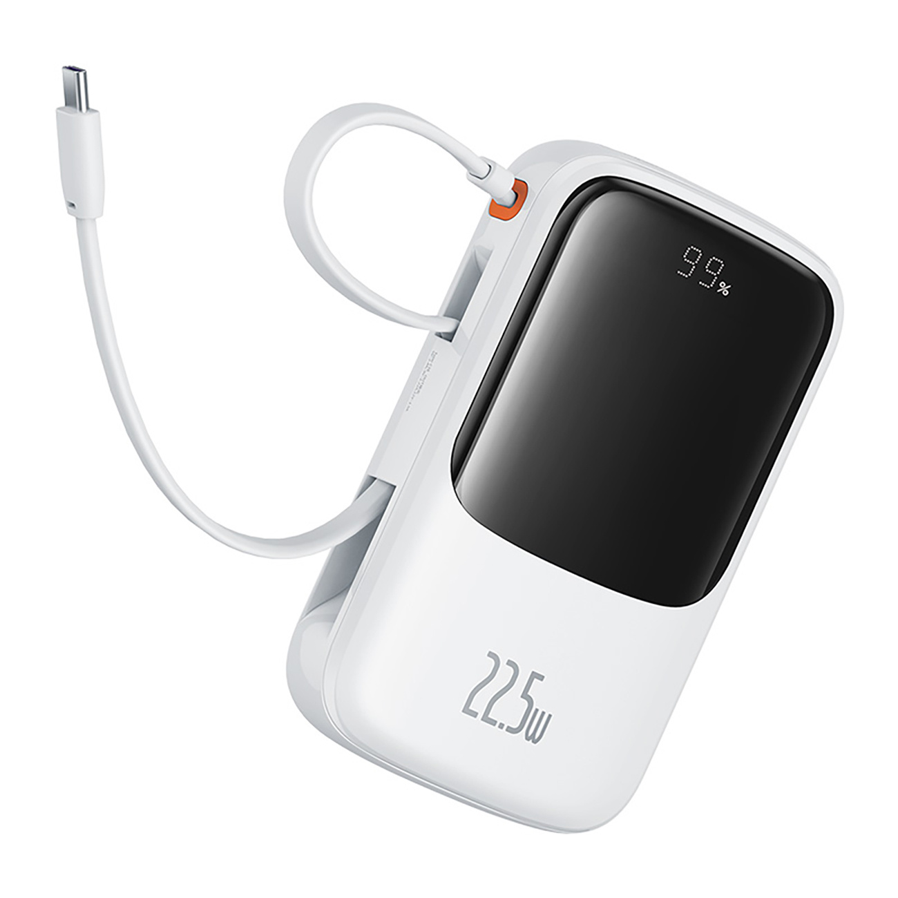 Biały power bank Baseus z czarnym ekranem wyświetlającym 99% jest wyświetlany na białym tle.