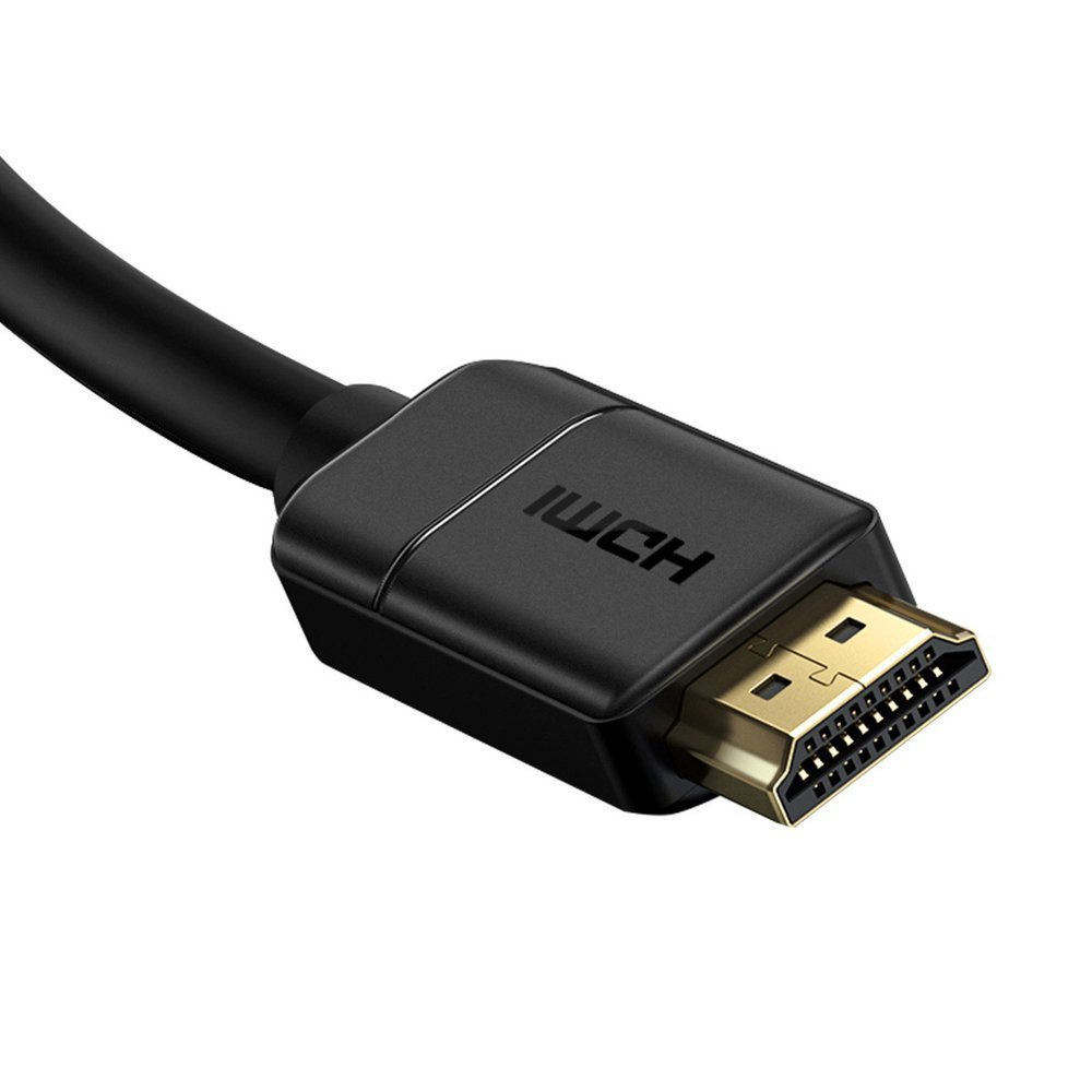 Czarny kabel HDMI ze złotym złączem i napisem „HDMI” jest wyświetlany na białym tle.