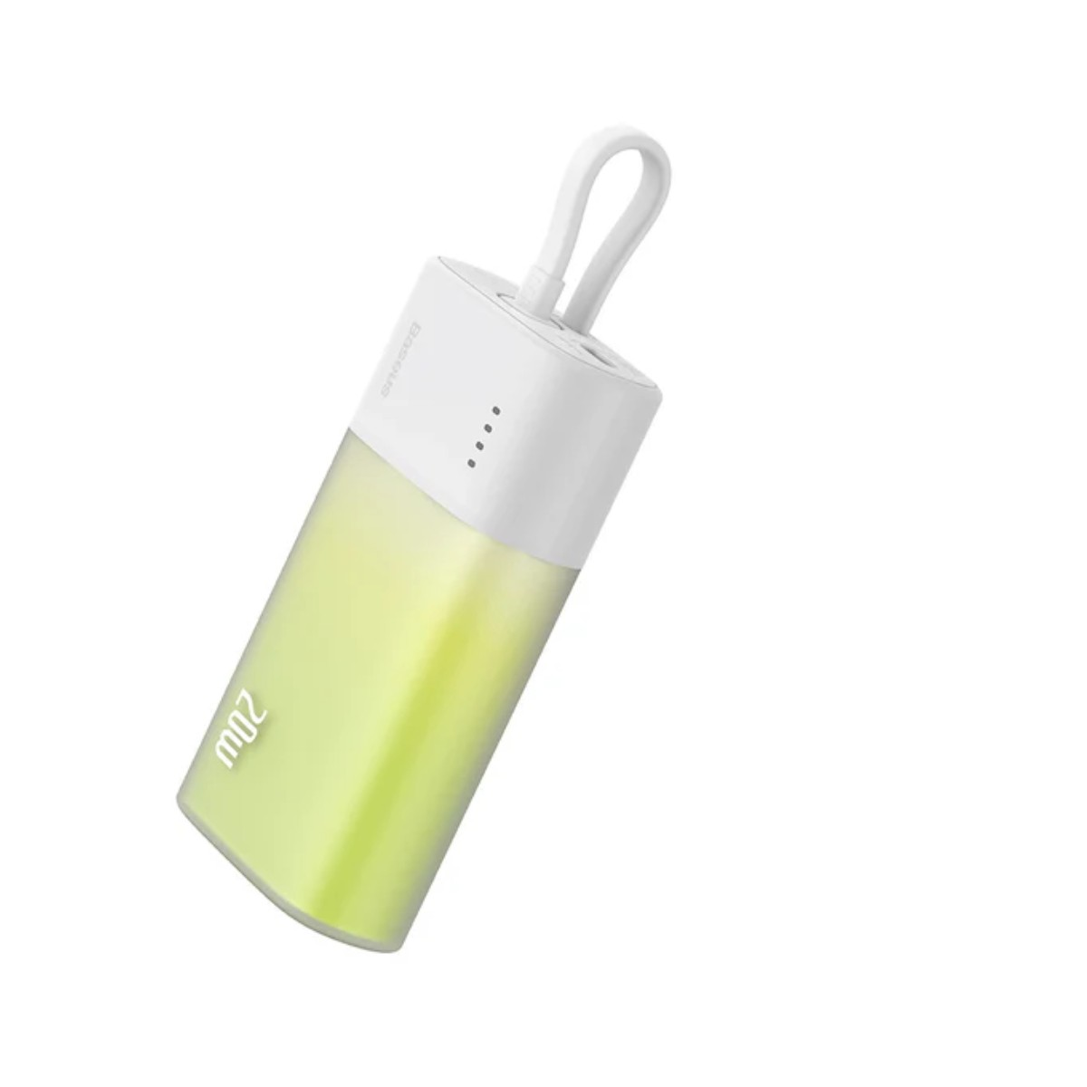 Obraz przedstawia biały i jasnozielony power bank Baseus z paskiem do zawieszania.