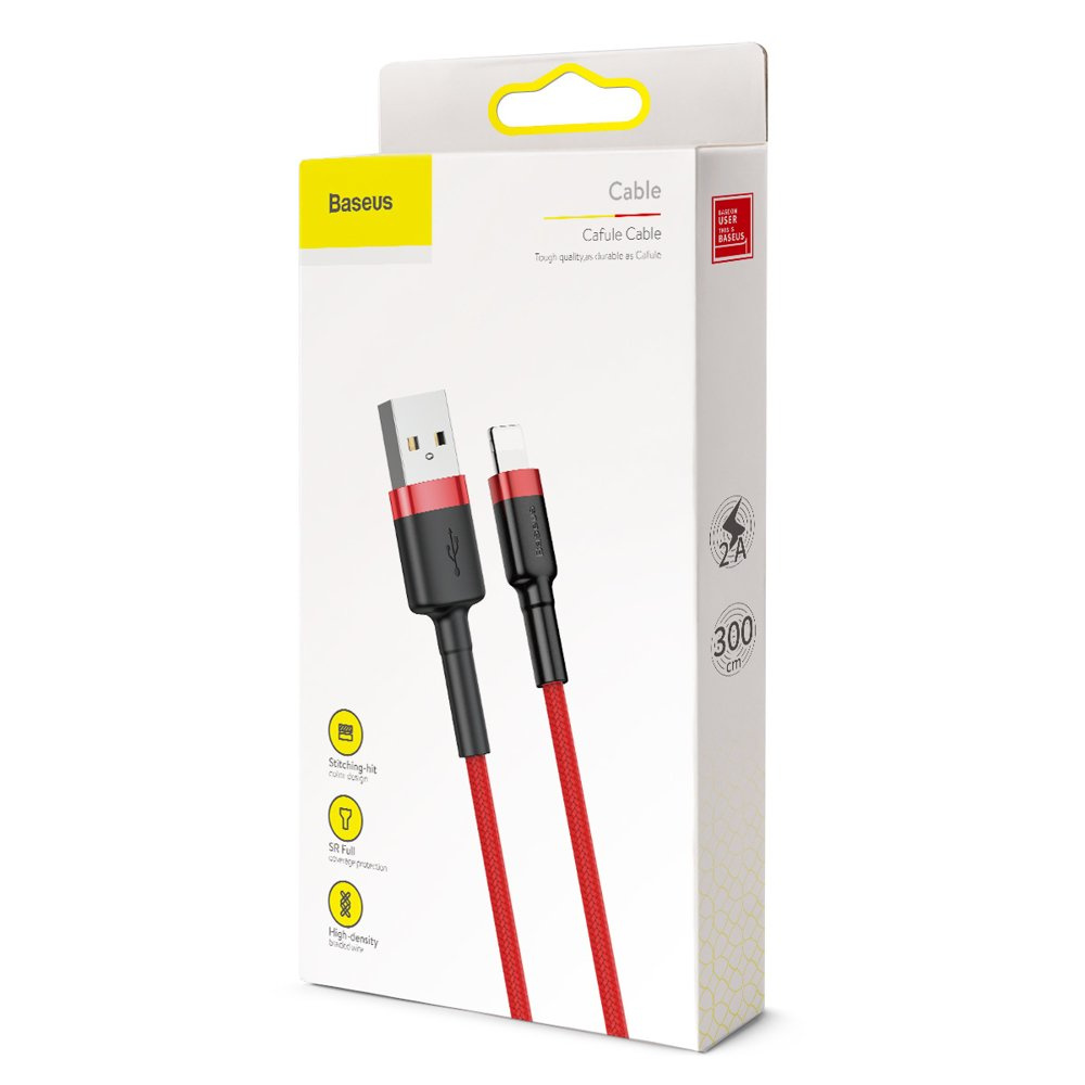 Obraz przedstawia kabel Baseus w opakowaniu, z widocznym czerwonym i czarnym kablem.