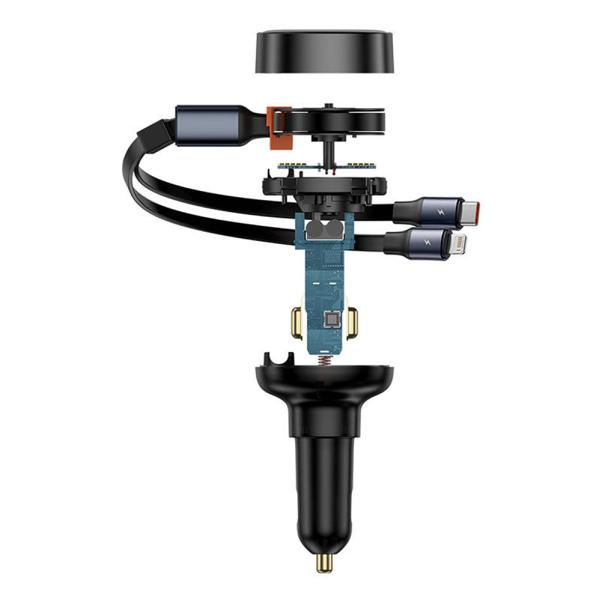 Widok rozstrzelony czarnej ładowarki samochodowej pokazujący wewnętrzne komponenty i wiele złączy kablowych na białym tle.