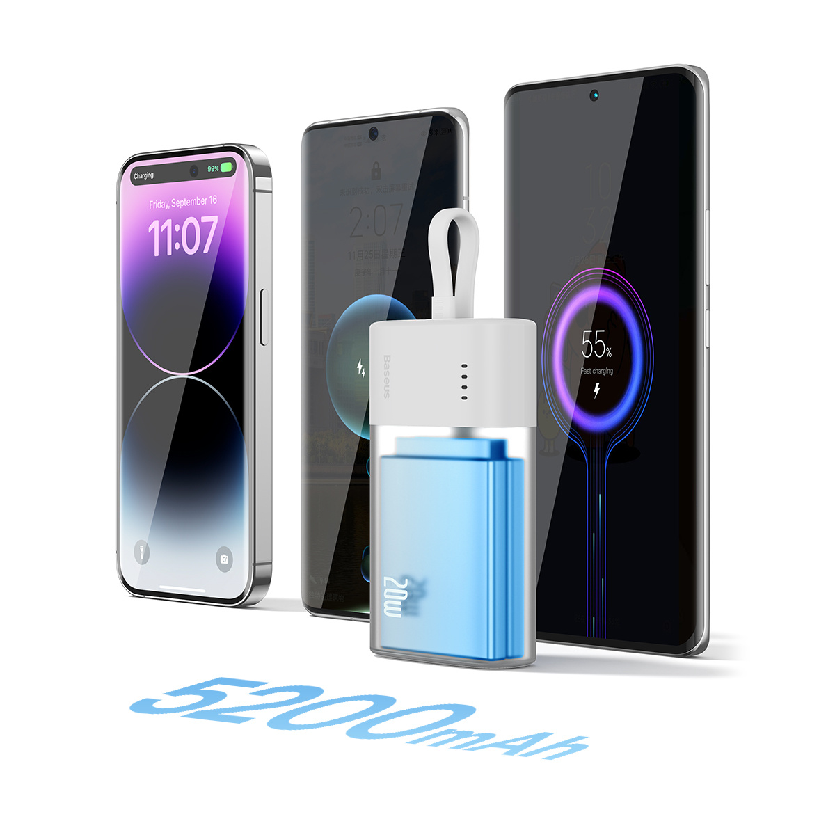 Obraz przedstawia trzy telefony, z których jeden ładuje się z power banku Baseus z etykietą 5200mAh na białym tle.