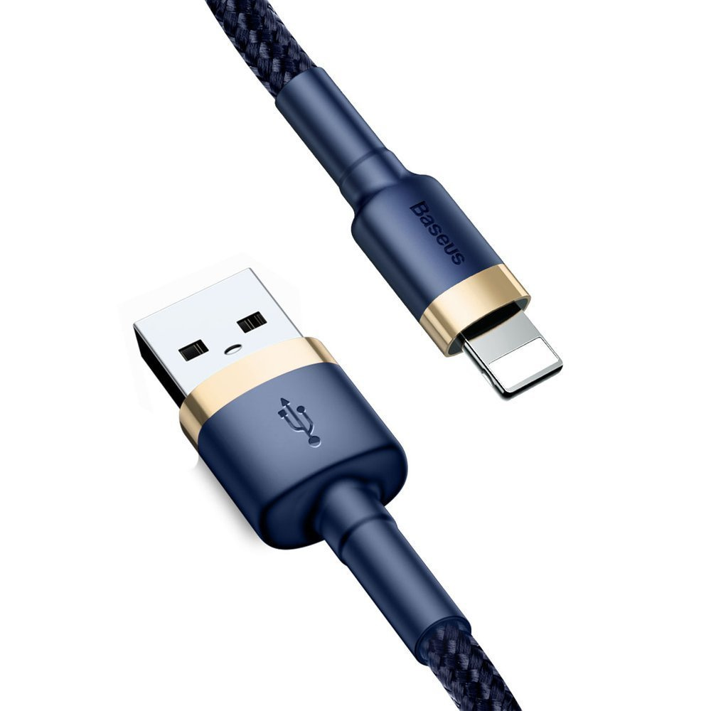 Pleciony niebieski kabel Baseus USB do Lightning ze złotymi akcentami, na czystym białym tle, prezentujący swój wygląd.