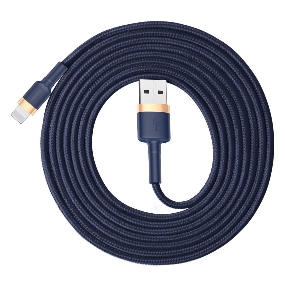 Zwinięty niebieski kabel USB do Lightning ze złotymi akcentami na białym tle.