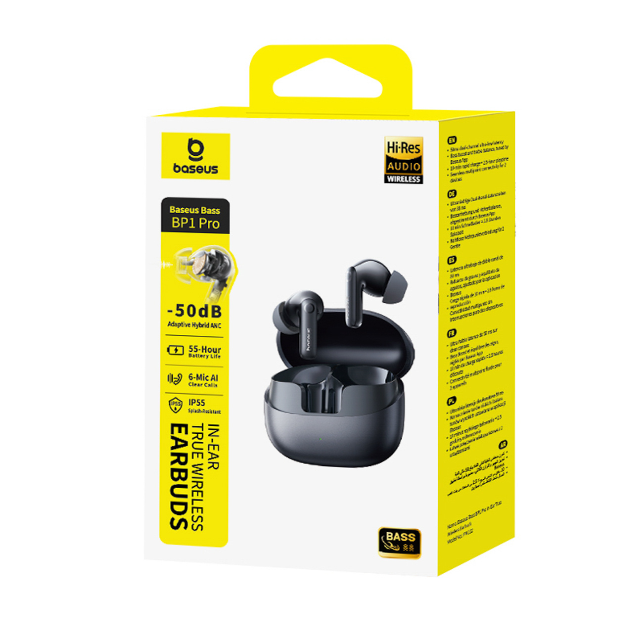 Eine Produktverpackung für Baseus Bass BP1 Pro Ohrhörer. Die Box ist gelb und schwarz mit Bildern und Text.