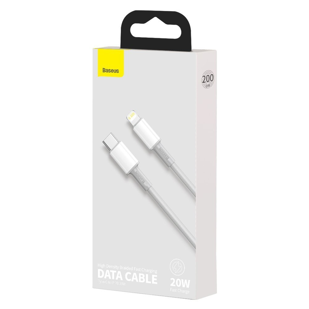 Białe pudełko Baseus Data Cable z kablem USB-C do Lightning, białe, szybkie ładowanie 20W.