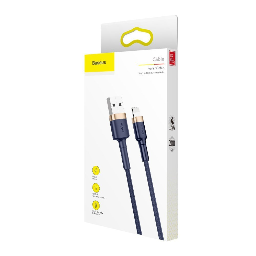 Pudełko Baseus Kevlar Cable. Zawiera kabel USB do USB-C, niebieski kabel, o natężeniu 1,5A i długości 200cm.