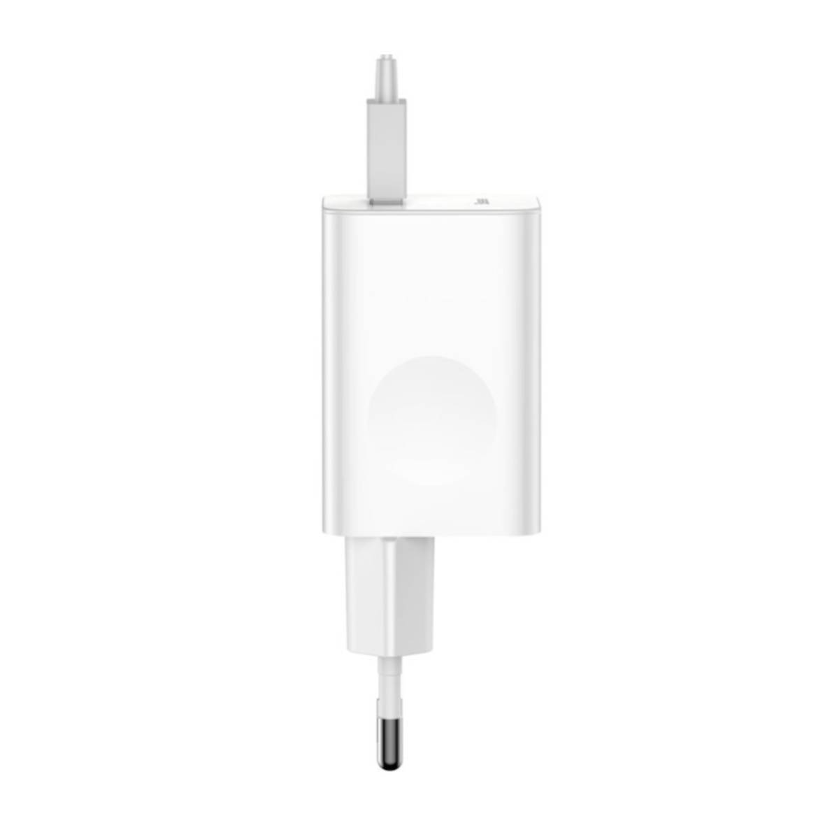 Biała ładowarka z wtyczką jest wyśrodkowana na białym tle, prosty i minimalistyczny design.