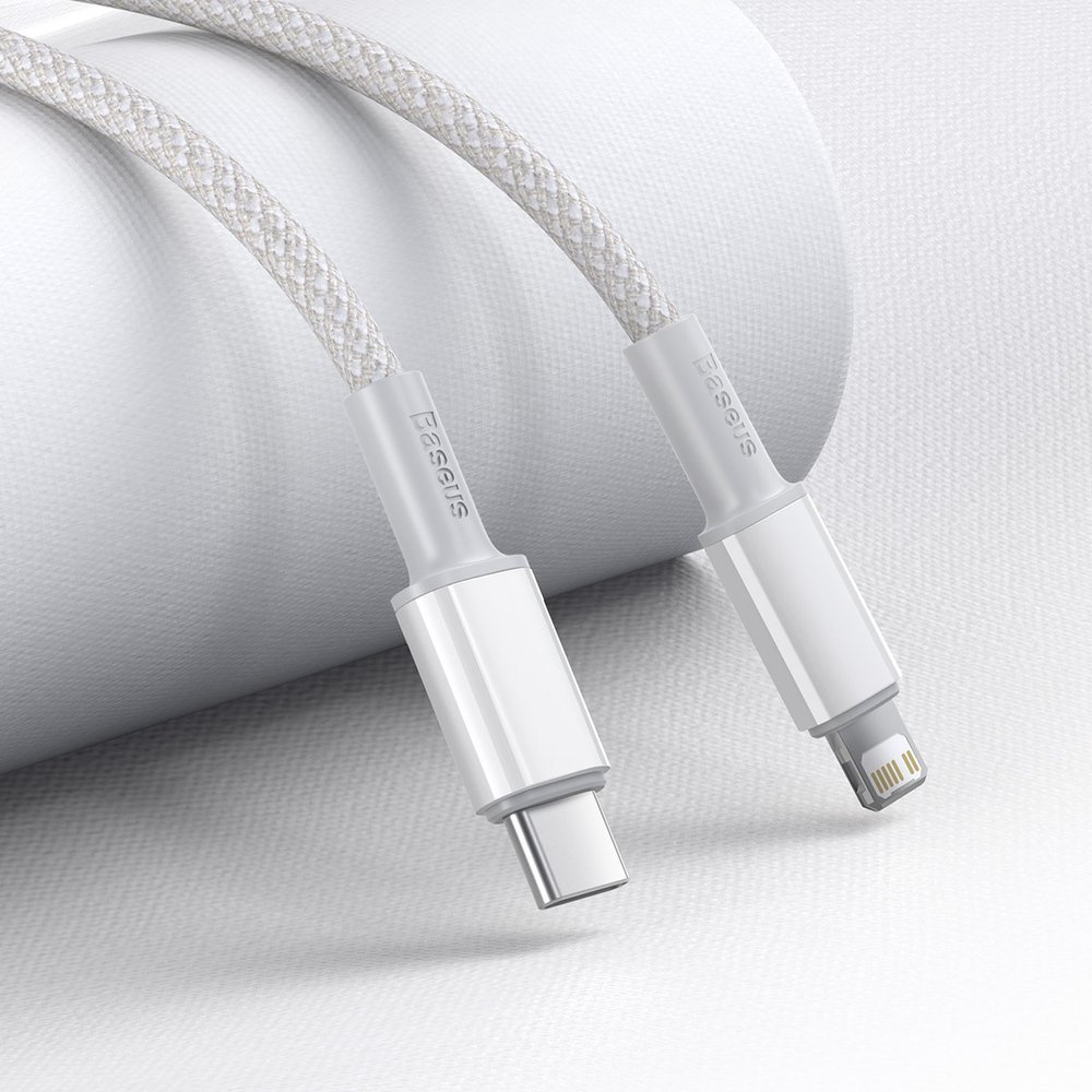 Biały kabel USB-C do Lightning, charakteryzuje się szarymi akcentami i plecioną konstrukcją zapewniającą trwałość.