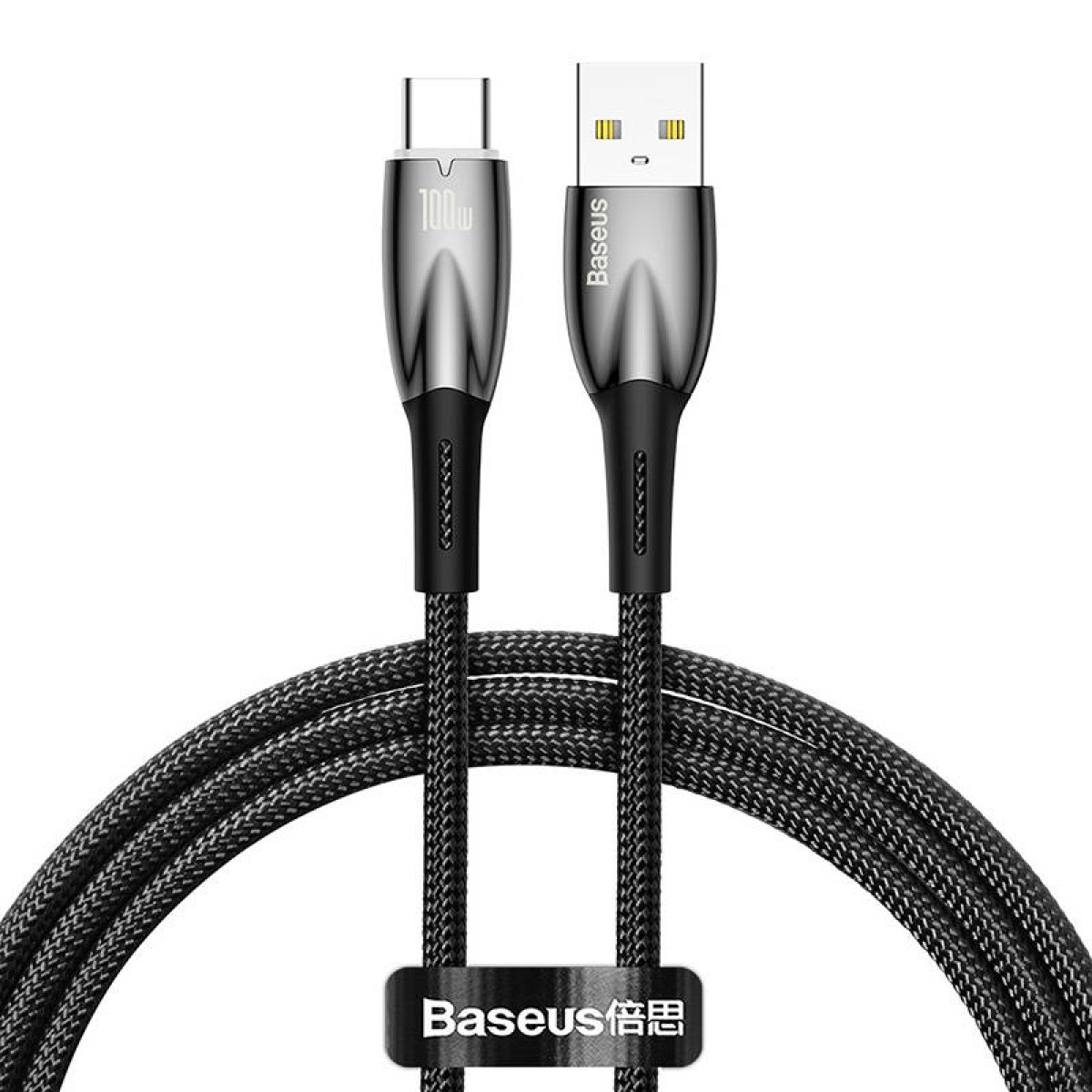 Kabel USB-C do USB-A z plecioną czarną konstrukcją zawiera rzep do organizacji.